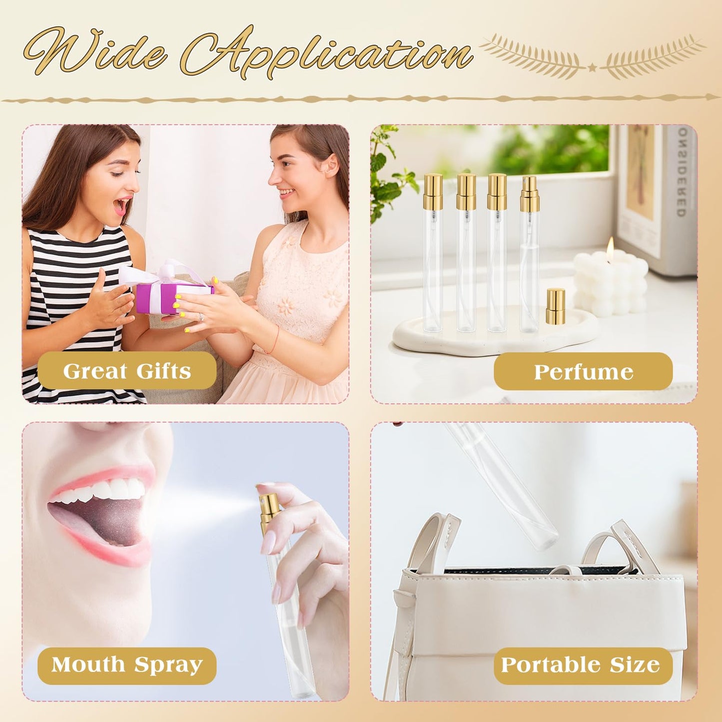 Mirrline 30 Pcs 10ml/0.34oz Mini Spray Bottle Glass Fine Mist Perfume Atomizer Empty Sample Containers with Golden Lids for Travel Cleaning Essential Oils