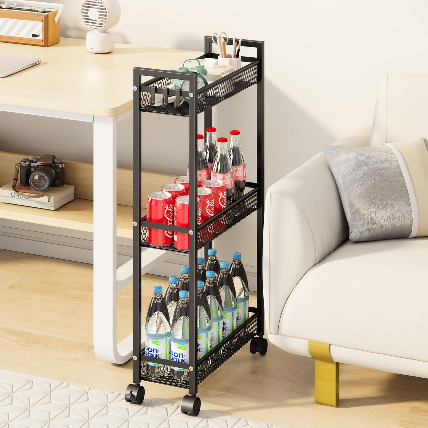 YASONIC Slim Rolling Storage Cart, Metal 3 Tier Bathroom Storage Organizer Laundry Room Utility Cart for Kitchen, Bthroom, Makeup, Craft, Laundry Narrow Places, Black