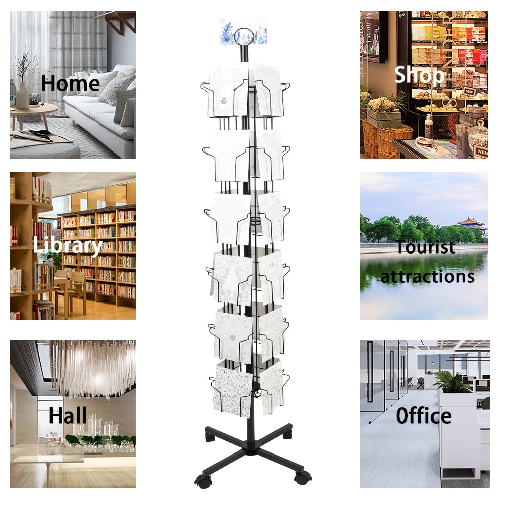 ZZJIA 6 Tier Rotating Greeting Card Display Stand with 24 Pockets, Metal Rack for Stickers,Postcard,Photocard,Brochures,CD disc (Black)