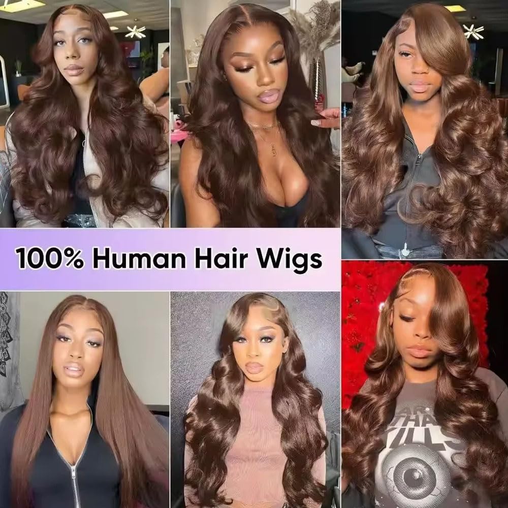 FKFO 200% Density Chocolate Brown Human Hair Wigs 13x4 Body Wave Lace Front Wig Pre Plucked Chestnut Brown Colored Human Hair Wigs For Women HD Transparent Lace Front Wig 24 Inch