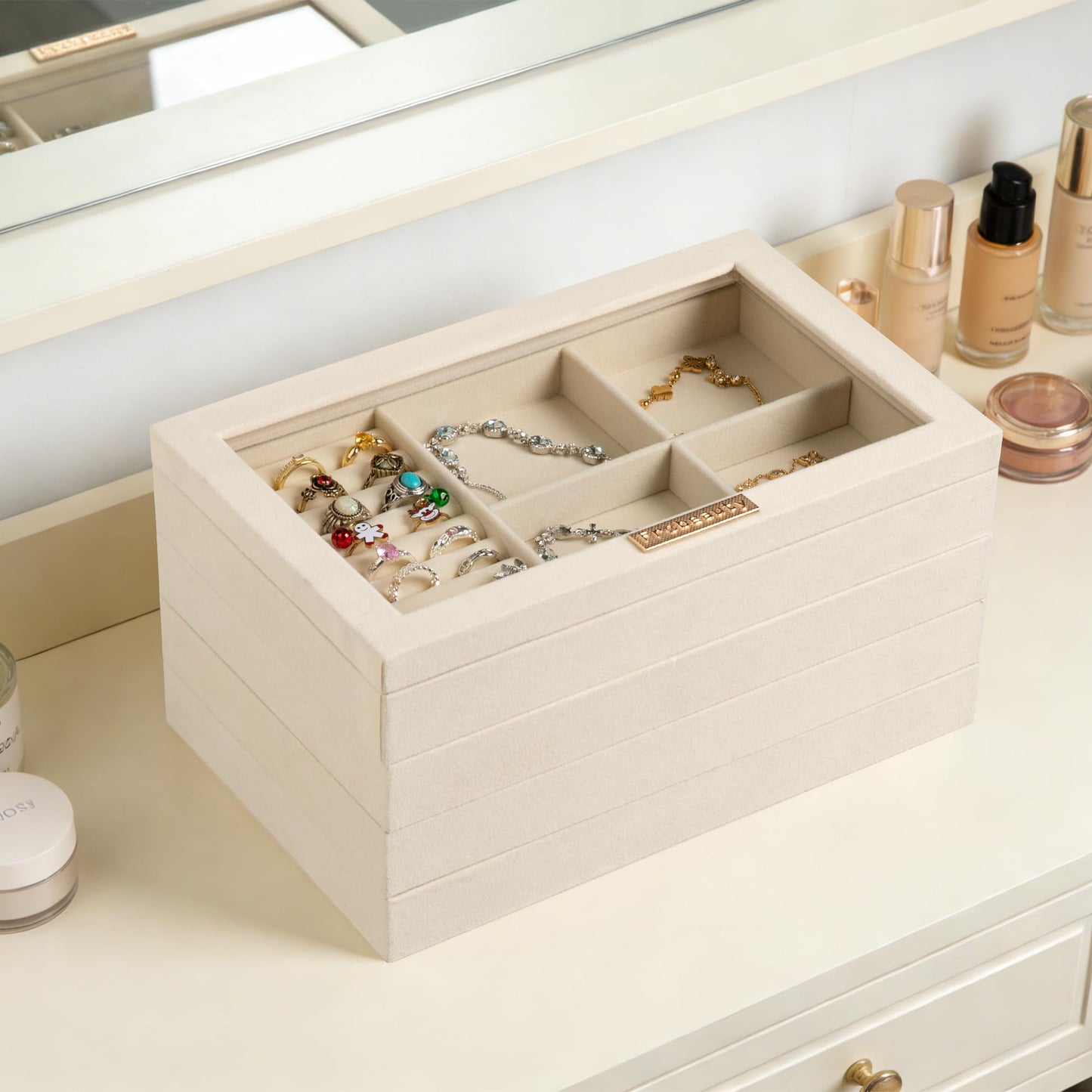 Frebeauty Stackable Jewelry Trays, Velvet Drawer Jewelry Organizer with Glass Lid,5 in 1 Multi-Functional Jewelry Storage for Earrings Necklaces Rings, 10.5 x 6.5 x 5.55 Inches Gift for Women(Beige)