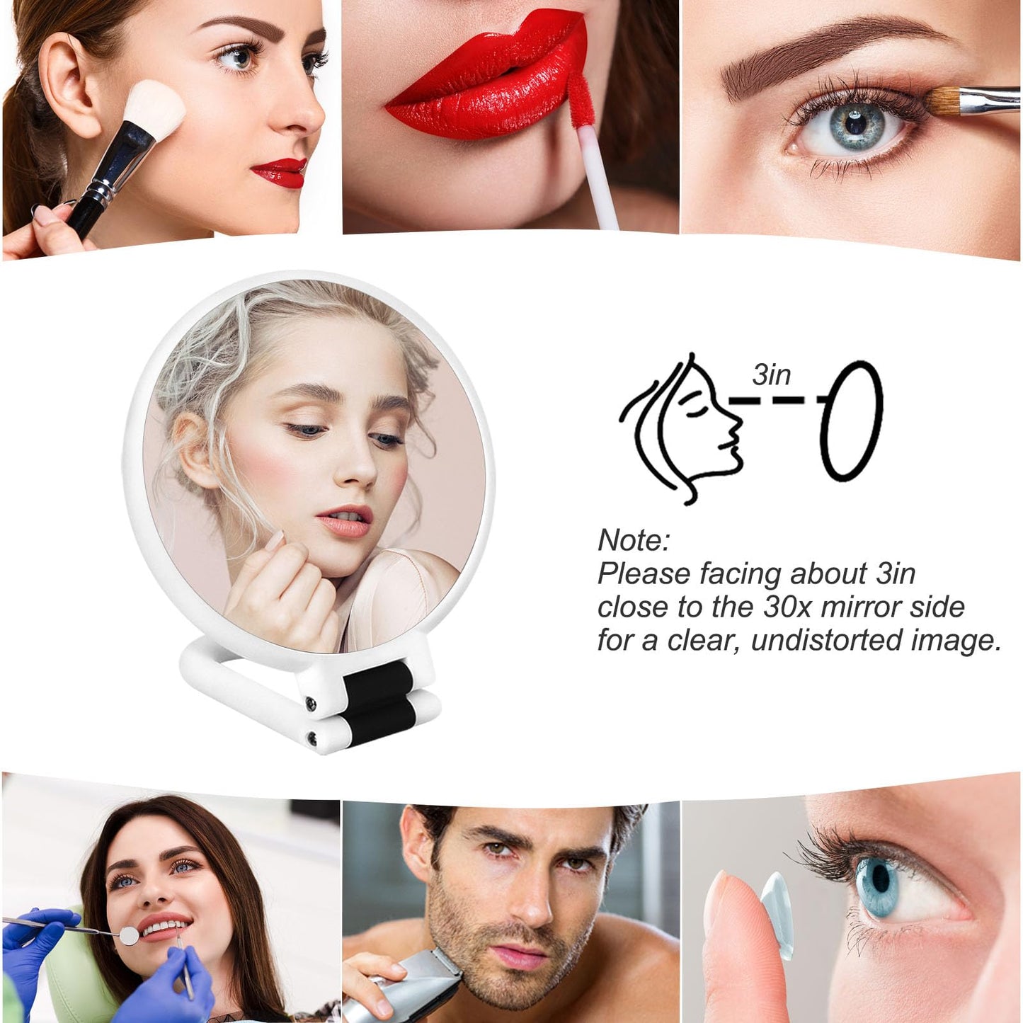 Sifolo 30x Magnifying Mirror, Travel Hand Mirrors with Handle - Double Side Handheld Mirror with 1X 30X Magnification & Adjustable Handle, Hand Held Foldable Travel Mirror for Makeup(Pearl White)
