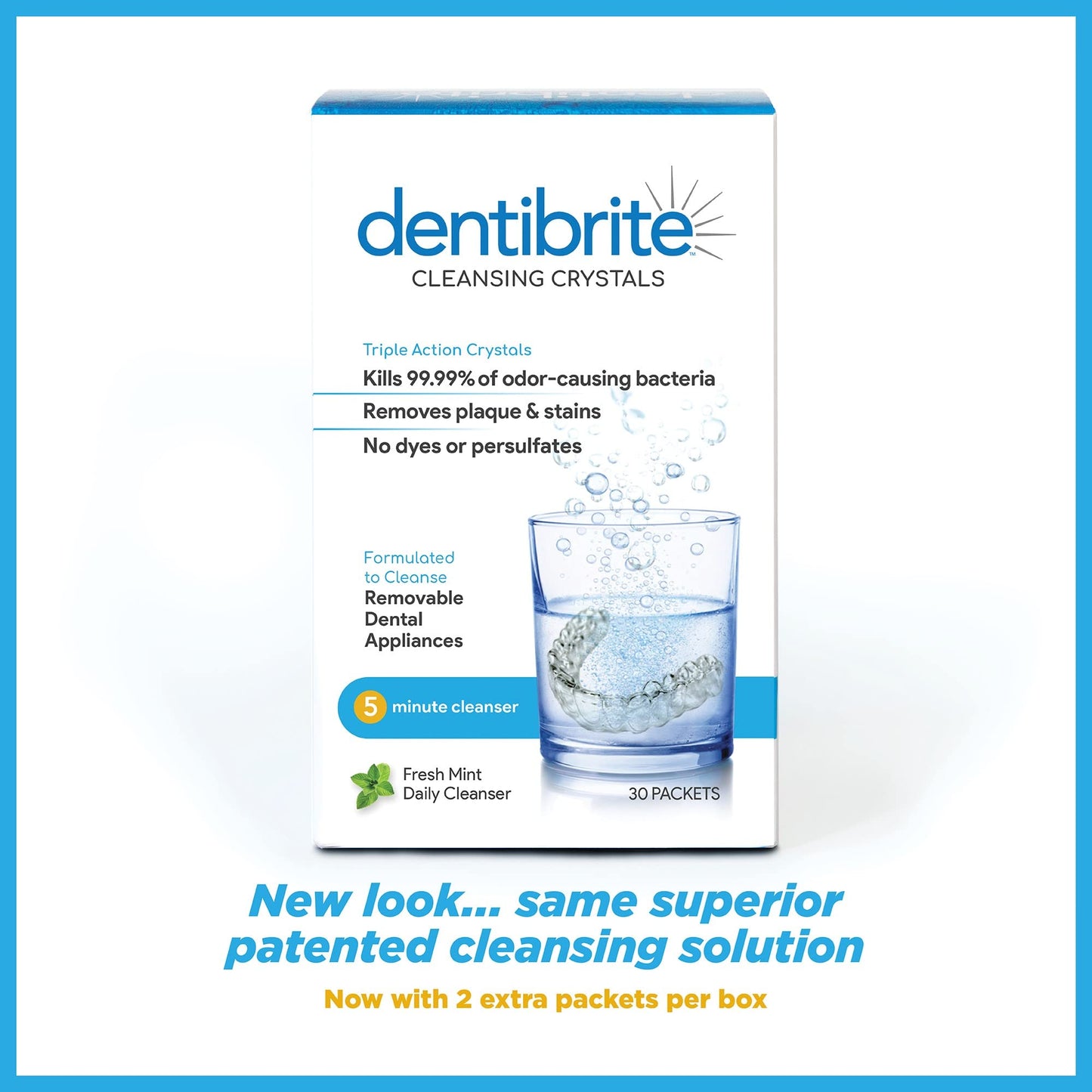 Dentibrite Crystals Cleaner for Removable Dental Appliances - Invisalign Aligners, Retainers, Guards, Dentures, Trays/Aligners - Odor Remover - No Persulfates or Dyes - 30ct - Made in USA