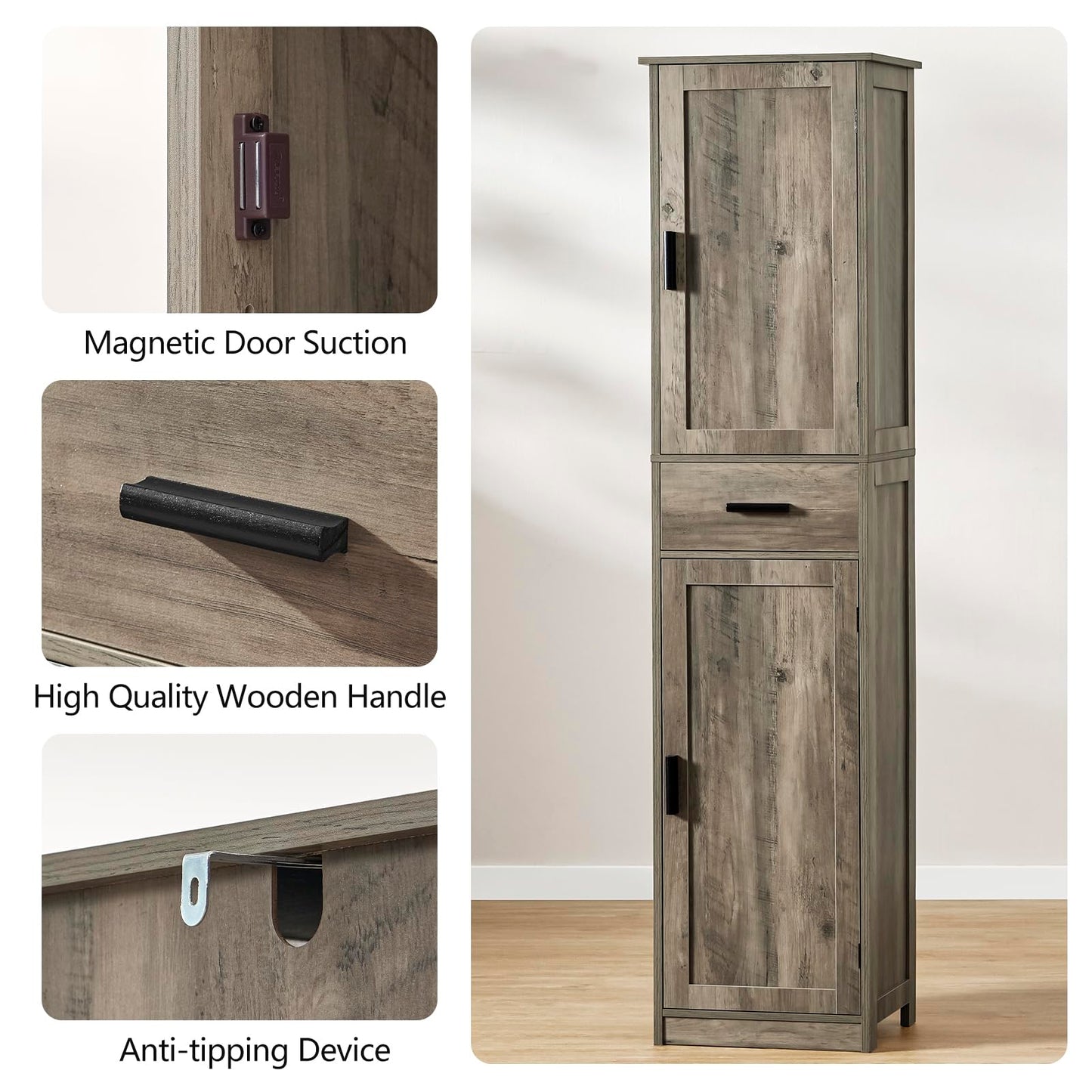 usikey 67'' Tall Storage Cabinet, Narrow Bathroom Floor Storage Cabinet with 4 Shelves & 2 Doors, for Bathroom, Living Room, Rustic Gray UNSNG040M