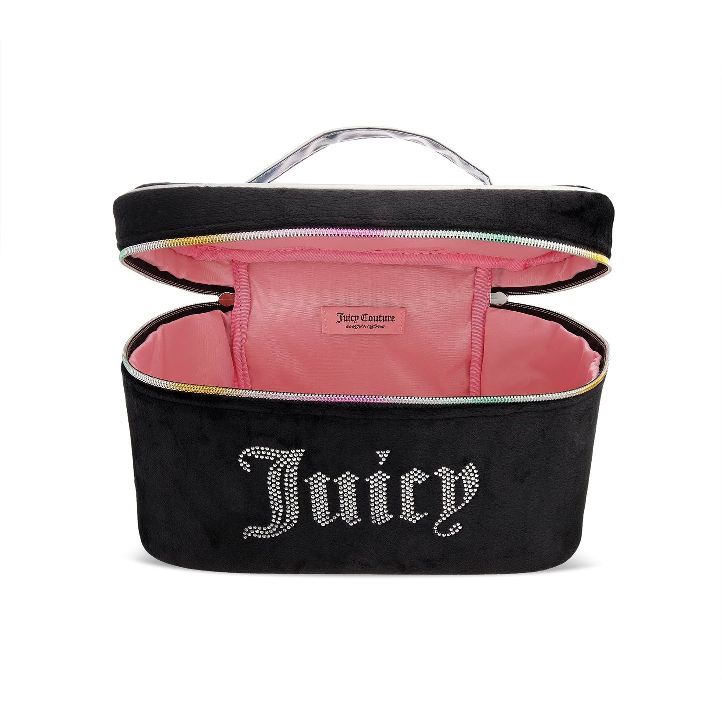 Juicy Couture Black Rainbow Makeup Bag Cosmetics Organizer Travel Essentials Train Case Velour Rhinestones