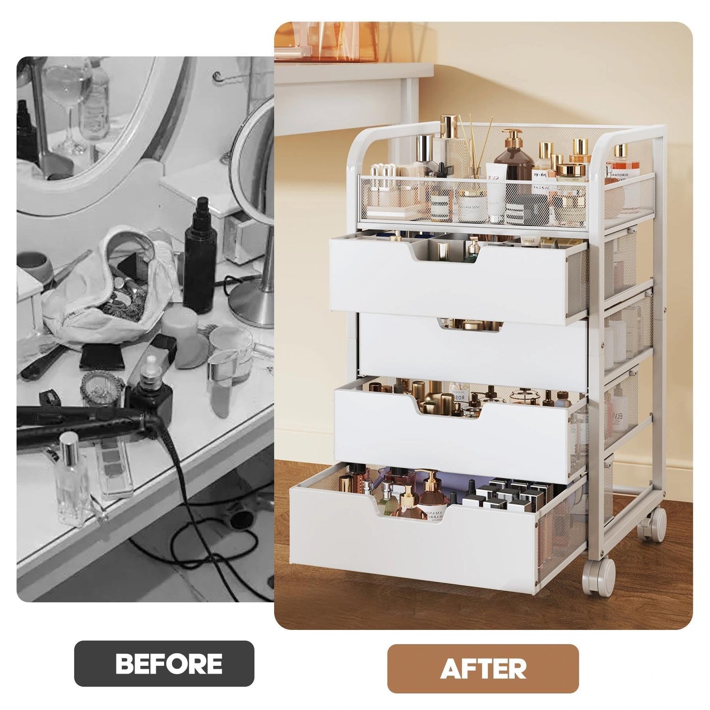 SEFILENCE Makeup Organizer Cart with 4 Drawers, Vanity Storage Drawer Carts with Dividers, Nail Cart Organizer Cosmetic Display Cases Cabinet for Skin Care, Nail Polish, Perfume, White