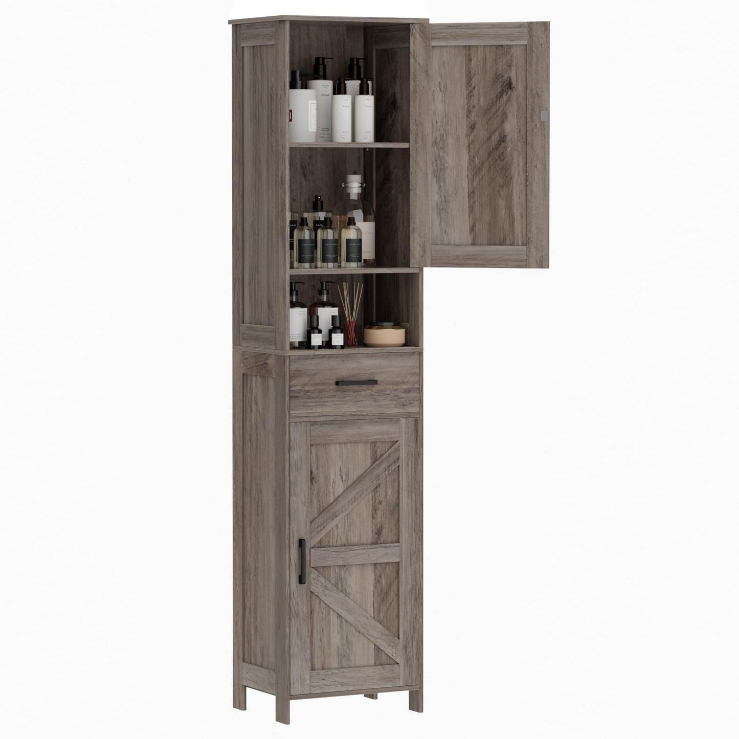 Homhedy 67" H Tall Bathroom Storage Cabinet with 2 Barn Doors and 1 Drawer, Narrow Storage Unit, Adjustable Shelves, Floor Cabinet for Bathroom, Living Room, Entryway, Kitchen, Greige, (15.7" W)