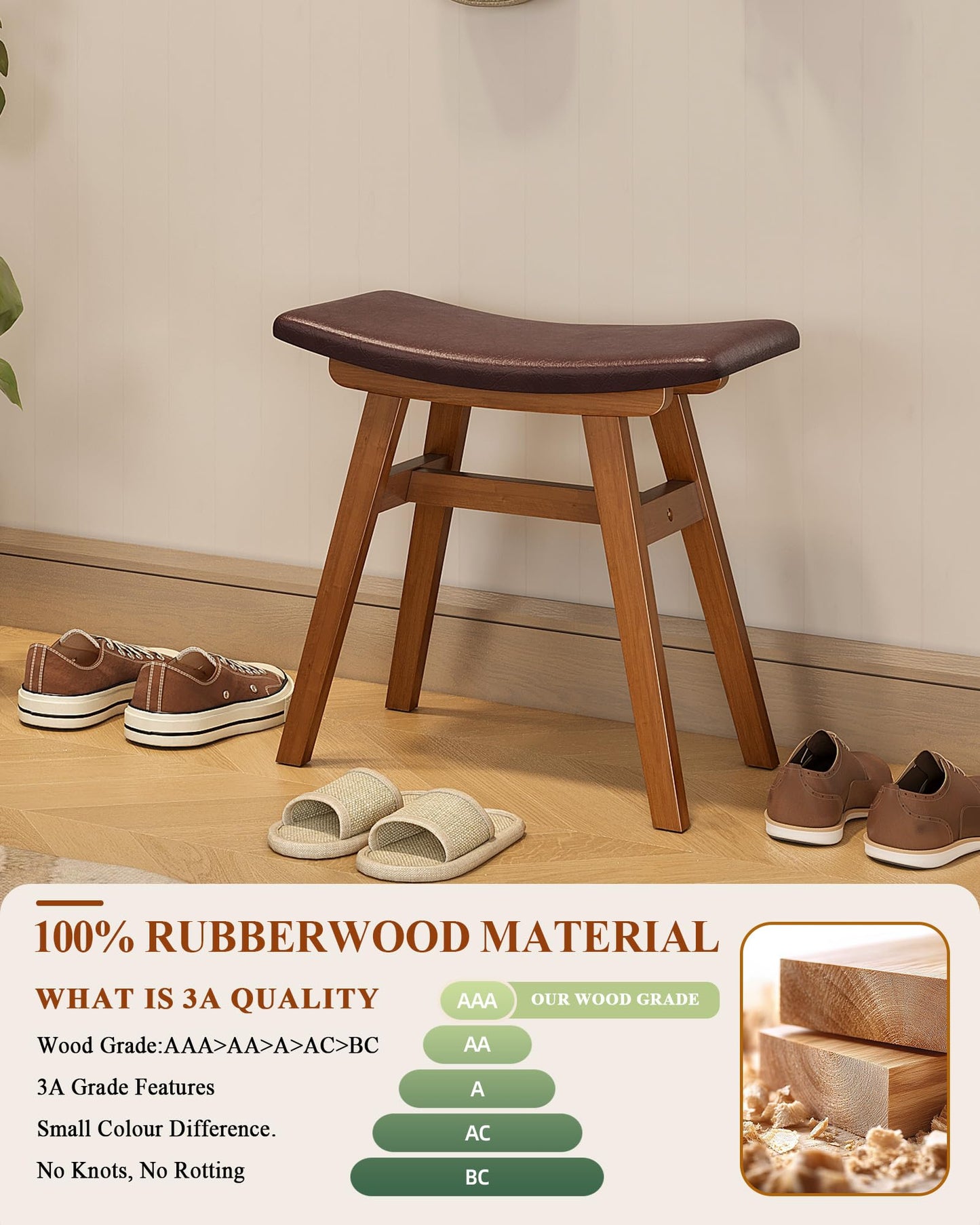 IUNVR Solid Wood Vanity Stool Chair with Leather Cushion, Comfortable Makeup Vanity Stool, Small Stool for Vanity Use, Backless Vanity Chair, Compact Makeup Chair for Bedroom & Study