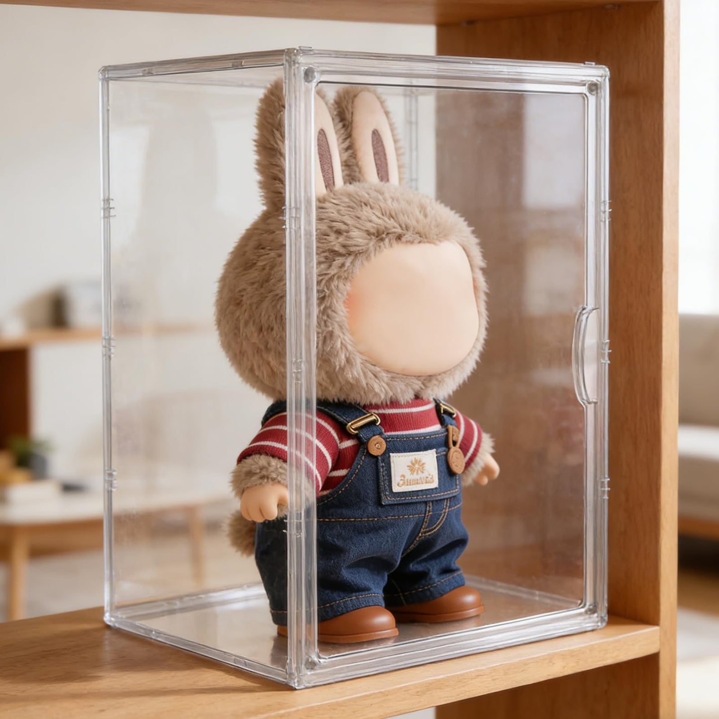 Display Case Compatible with Labubu 16 inches Height POP MART Doll, Acrylic Clear Dustproof Shelf Box with Magnetic Door, Stackable Storage Cabinet for Plush Dolls Showcase Fall in Wild