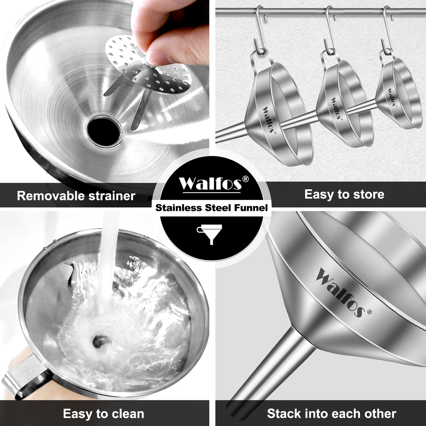 Stainless Steel Funnel, Walfos 3 Pack Kitchen Funnel with 2 Removable Strainer & 1Pcs Cleaning Brush, Perfect for Transferring of Liquid, Oils, Jam, Dry Ingredients & Powder