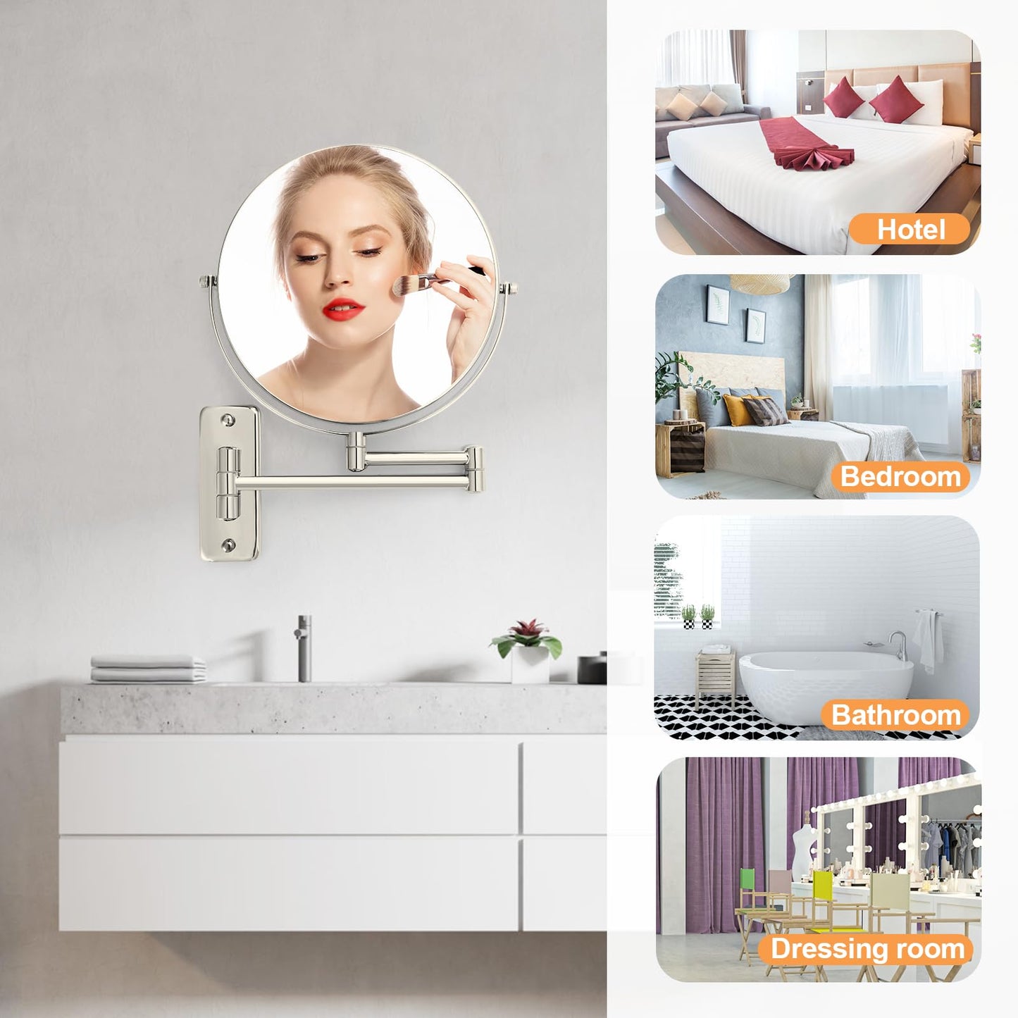 FFowcye 8" Wall Mount Magnifying Mirror, 1X/10X Double-Sided Makeup Mirror Wall Mounted with Extendable Folding Arm, 360° Rotation, Brushed Nickel, Perfect for Shaving & Makeup in Bathroom (No Light)