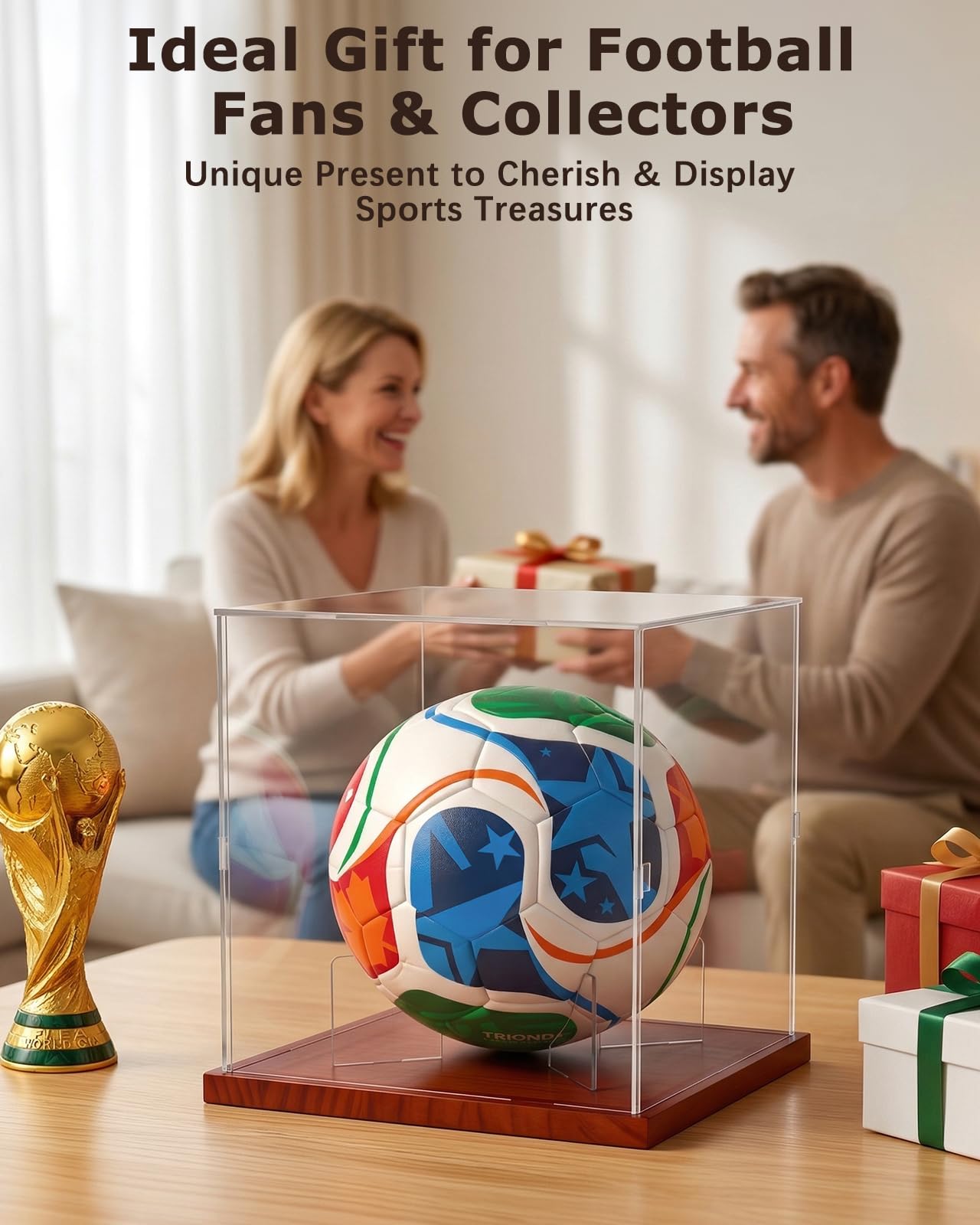 Fitense Soccer Ball Display Case with Solid Wood Base, UV Protected Clear Acrylic Box, Removable Transparent Holder for Autographed Balls, Sports Collectibles & Memorabilia Display