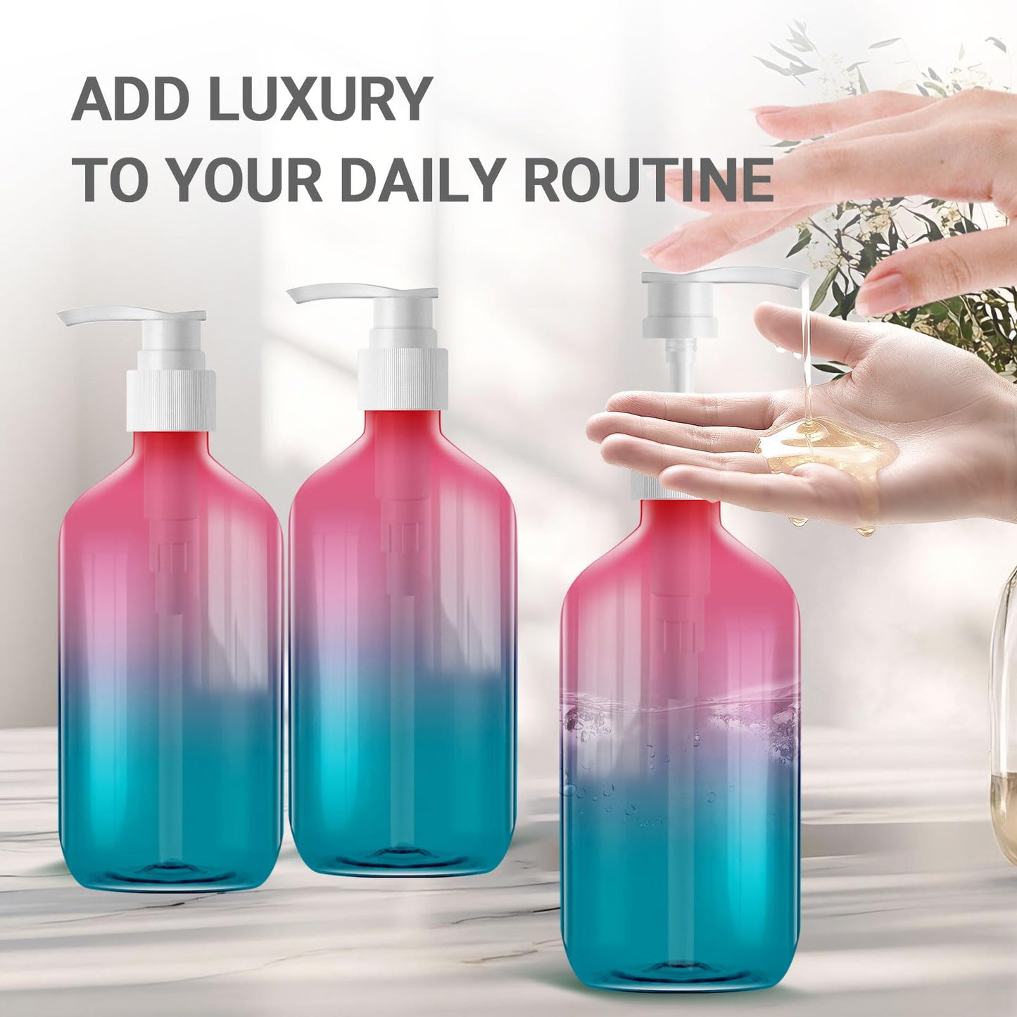 500ml Refillable Plastic Bottles with Pump Dispenser – 3 Pack Gradient Containers, BPA/Paraben-Free, Ideal for Travel Toiletries, Includes Labels
