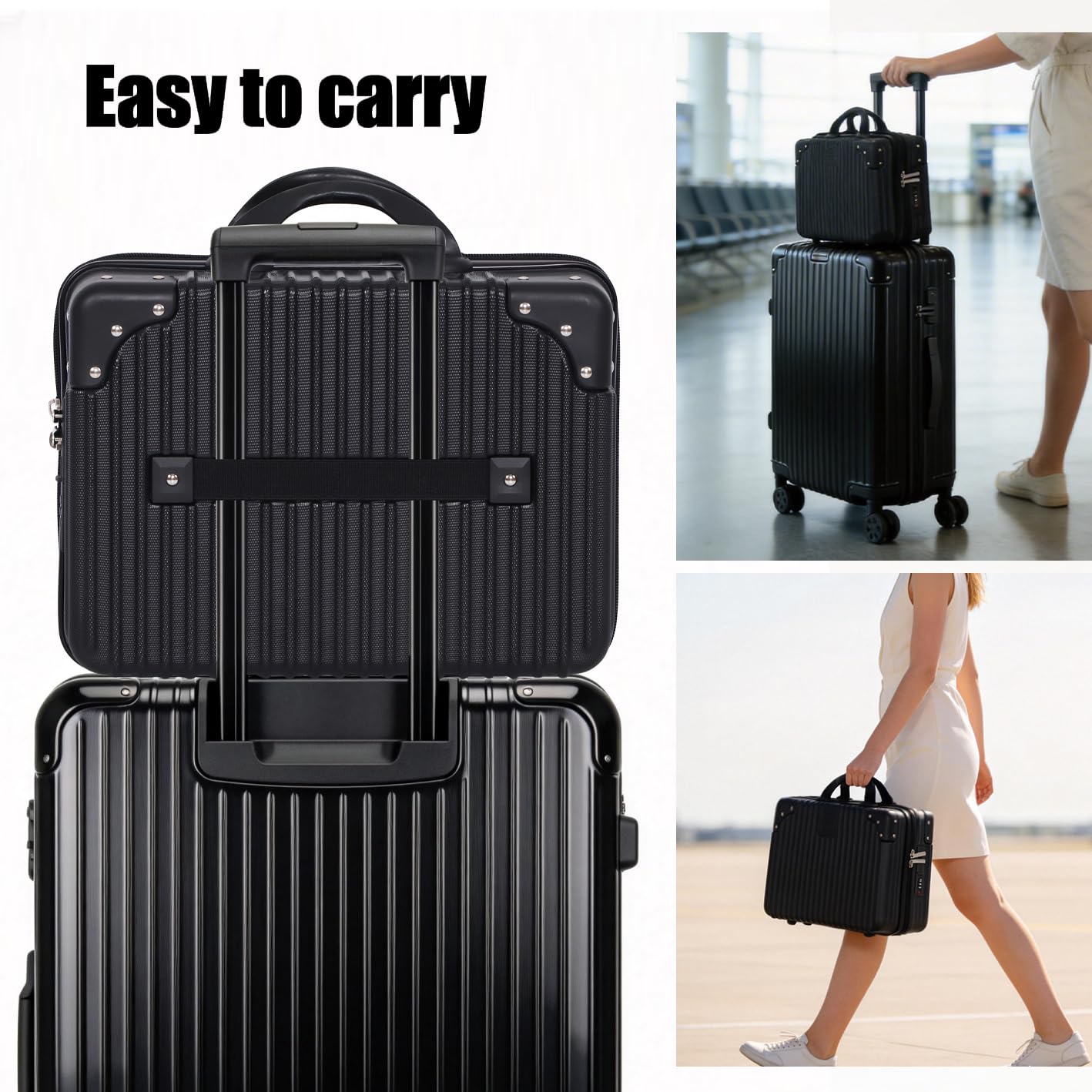 Feybaul Vanity Case, 14 Inch Hard Shell Makeup Travel Suitcase with Elastic Strap for Luggage Handle, Small Cosmetic Train Case & Toiletry Organizer Box for Women Girls (Black)
