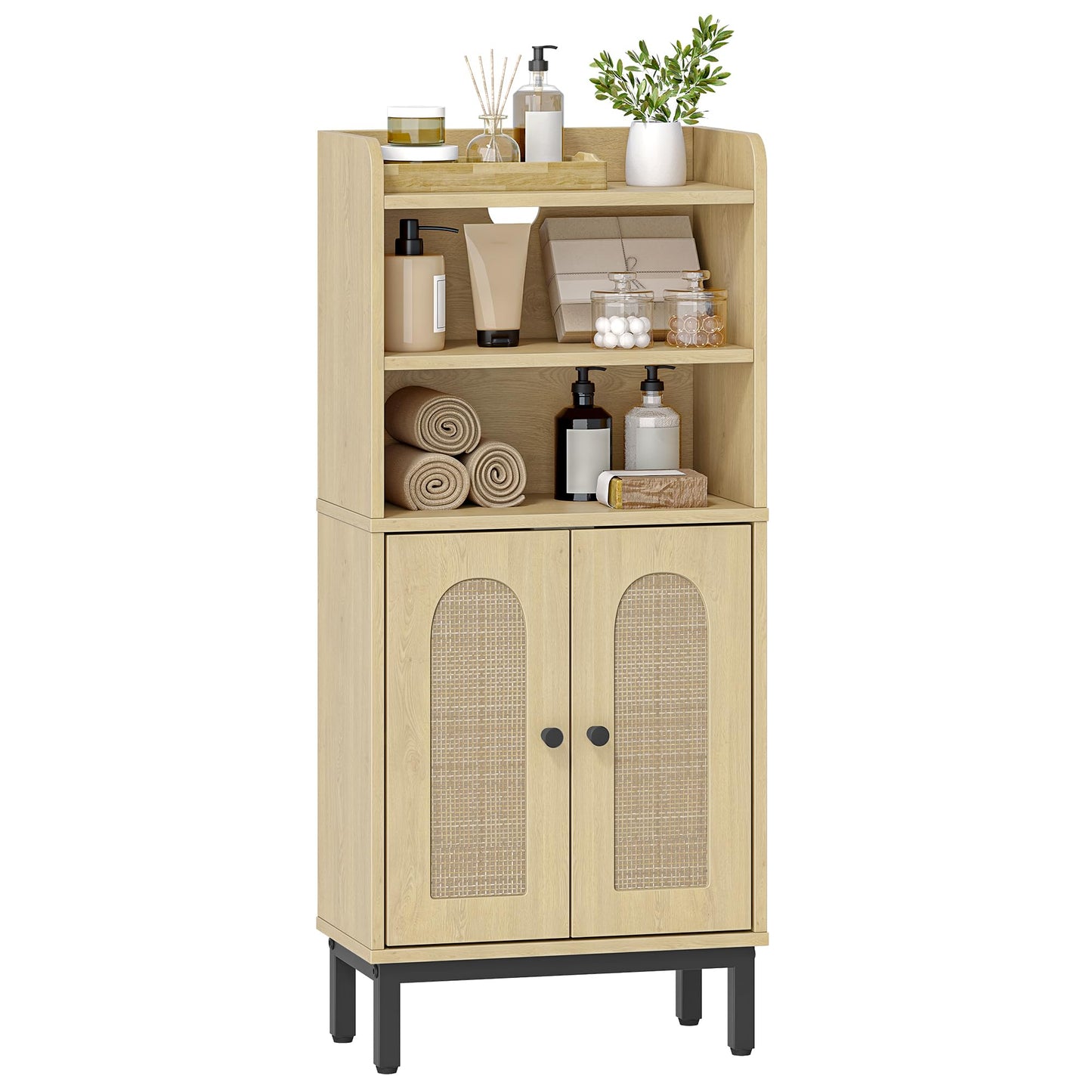 Hzuaneri Bathroom Storage Cabinet, Small Floor Cabinet with 2 Door and Shelves, Toilet Paper Cabinets, Bathroom Organizer with Adjustable Shelf, for Small Spaces Rattan Black 7.1" Dx14.6 Wx32.7 H
