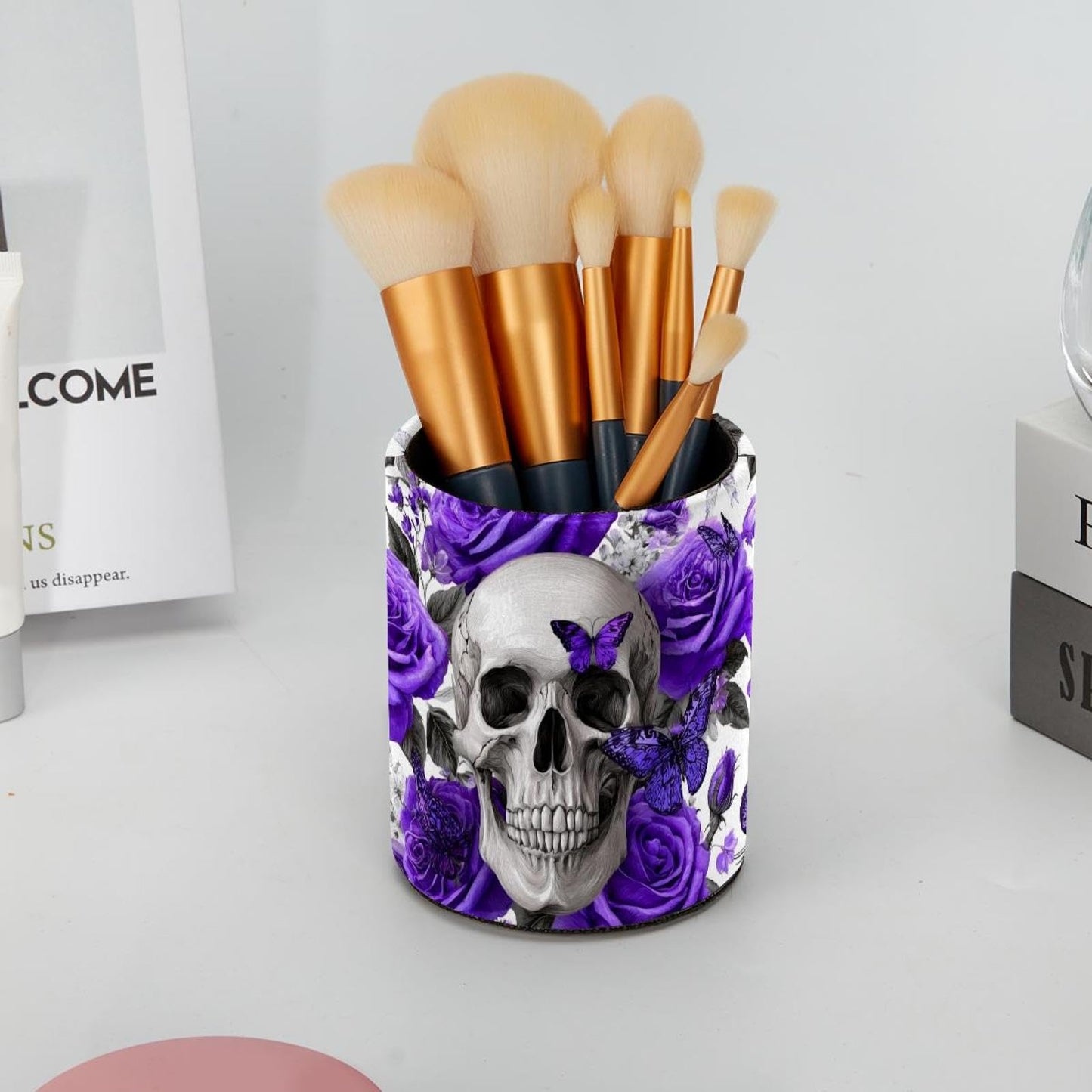 inaowsbno Leather Pen Holder for Desk, Skull Purple Butterflies Pattern Pencil Cup Desktop Organizer Makeup Brush Holders Office Supplies for Home, Kids & School