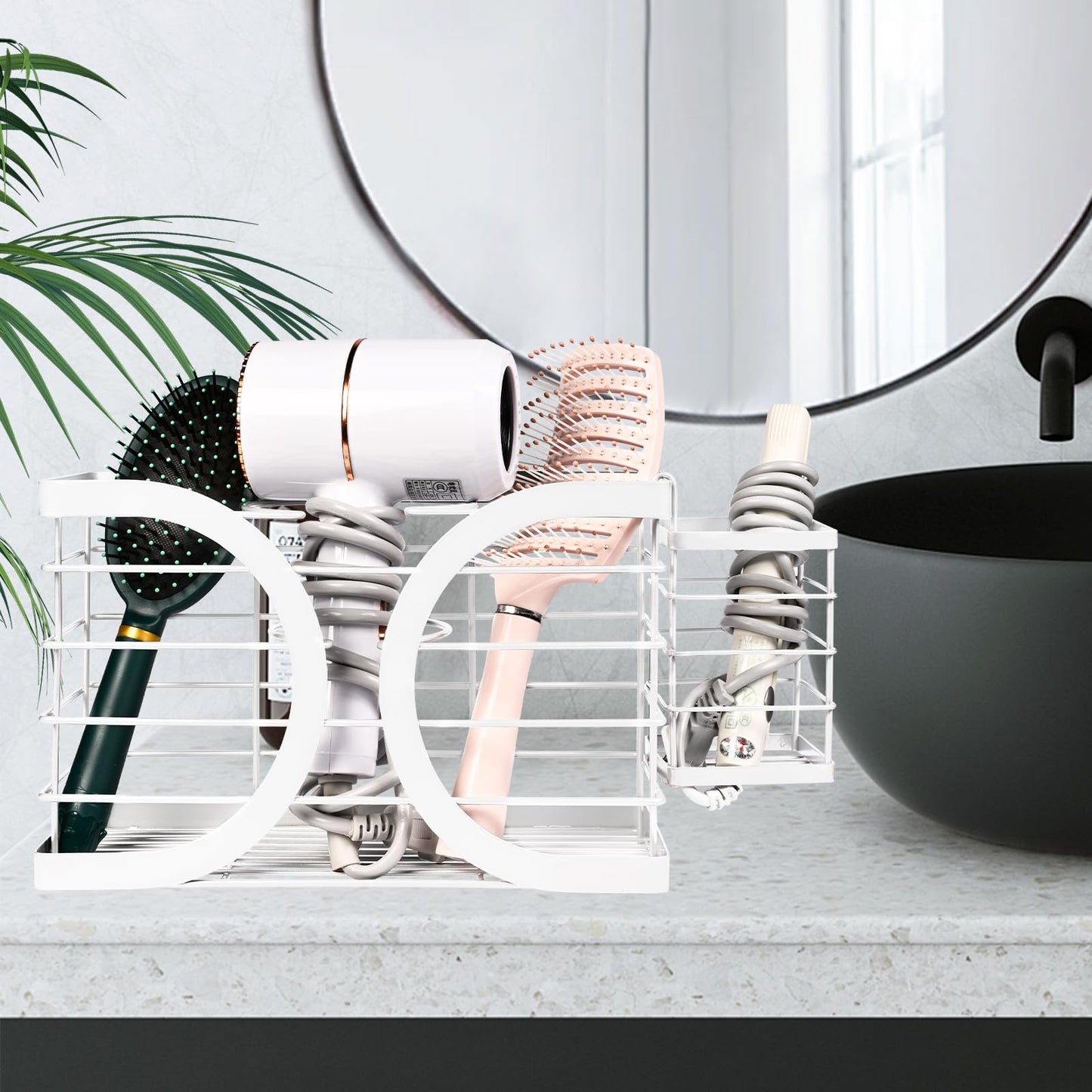 ziroland Elegant White Wall Mounted Hair Dryer Holder - Stylish Bathroom Organiser for Hair Dryer & Straightener, Hair Brush & Accessories
