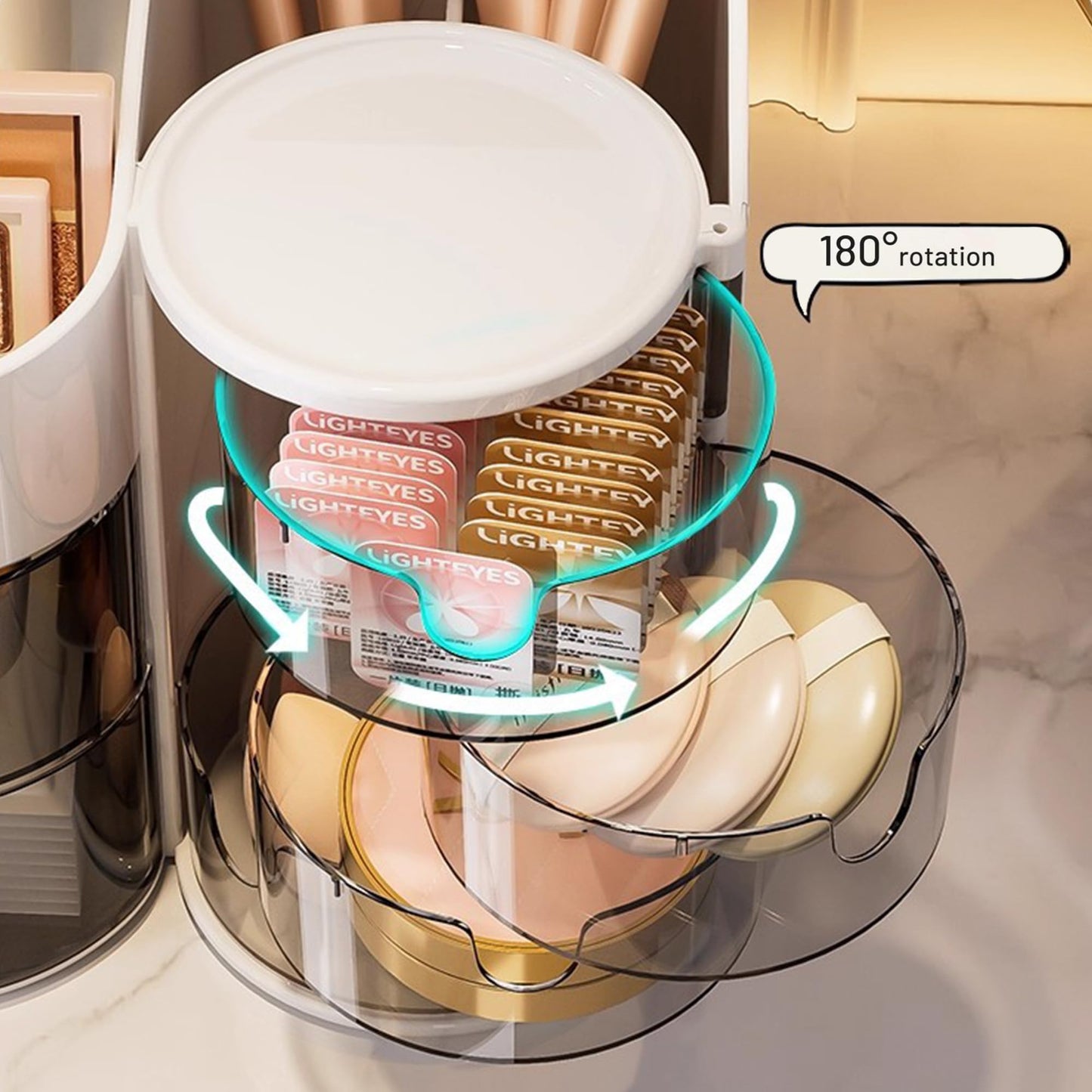 Freebirdly Makeup Organizer Countertop with Drawers, Rotating Skincare & Cosmetic Organizer for Vanity, 4 Clear Swivel Drawers, Large Capacity Make Up Storage for Cosmetics, Brushes, Jewelry
