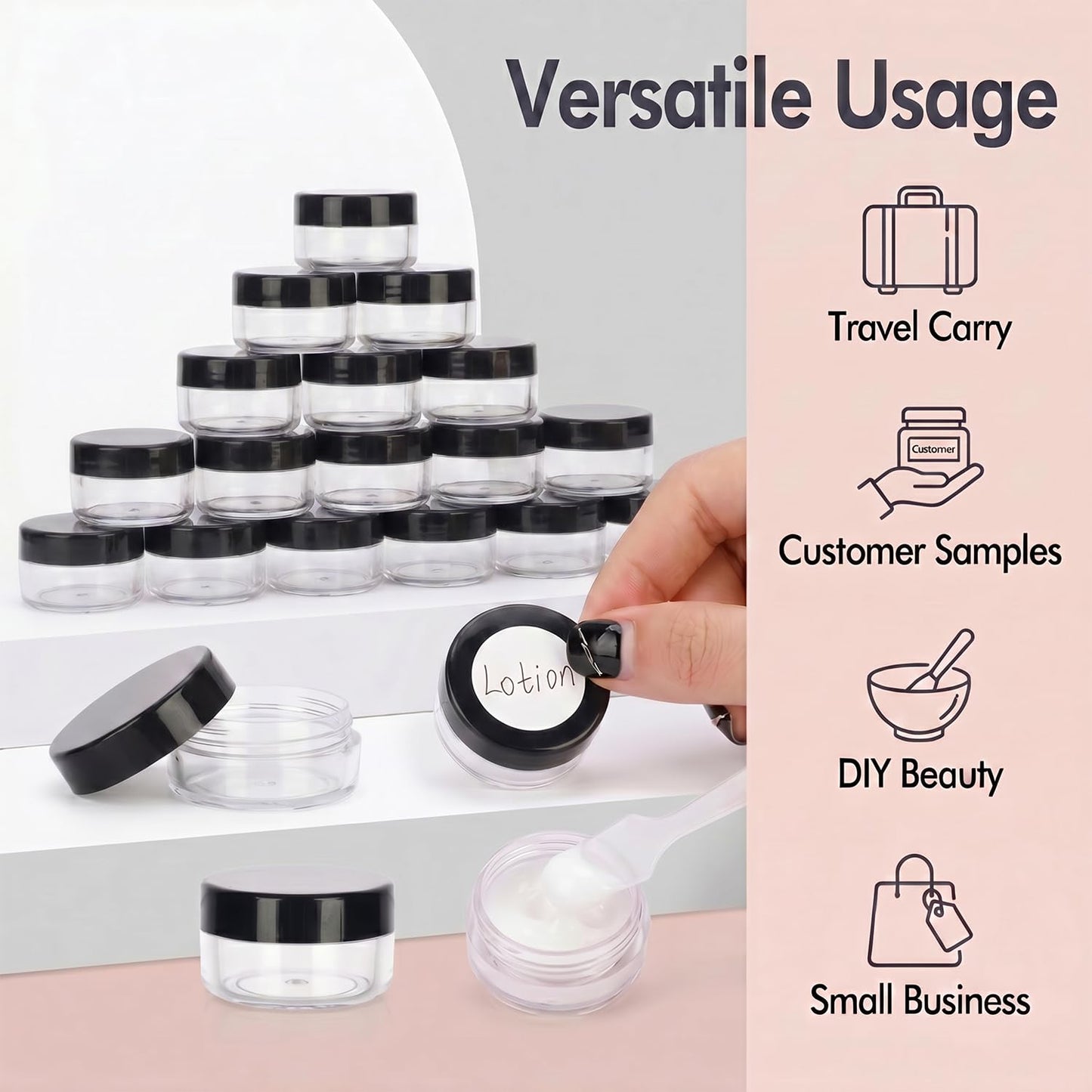 5 Gram Sample Jars with Lids, 100 Count 5ML Empty Cosmetic Containers for Makeup, Travel, Glitter, Lotion, Cream, Beads, with Labels, Mini Spatulas