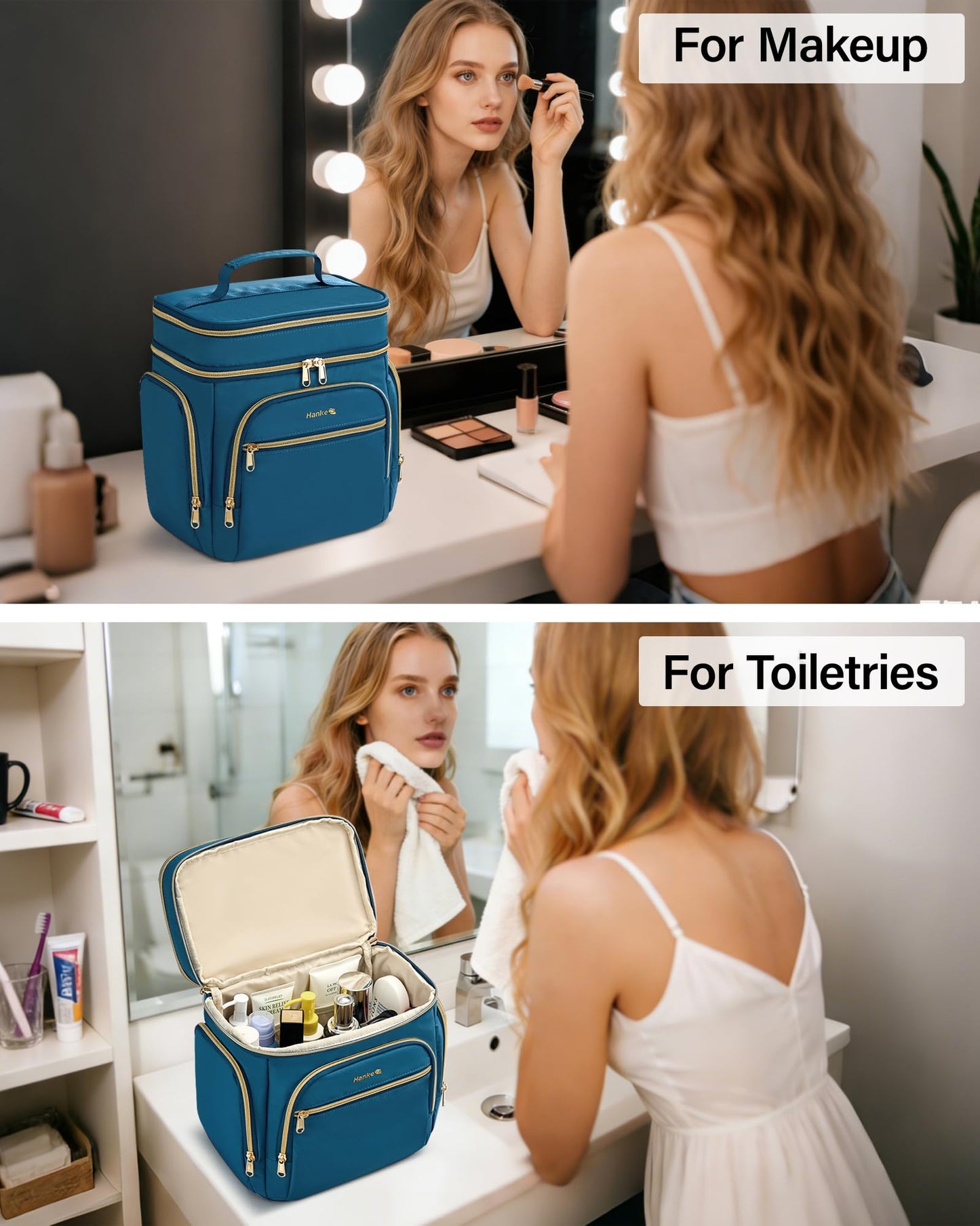 Hanke Large Toiletry Bag for Women Travel, Double Layer Organizer with Wide Opening for Full-Size Cosmetics & Toiletries, 12.2L Water-Resistant Makeup Bag,Navy Blue