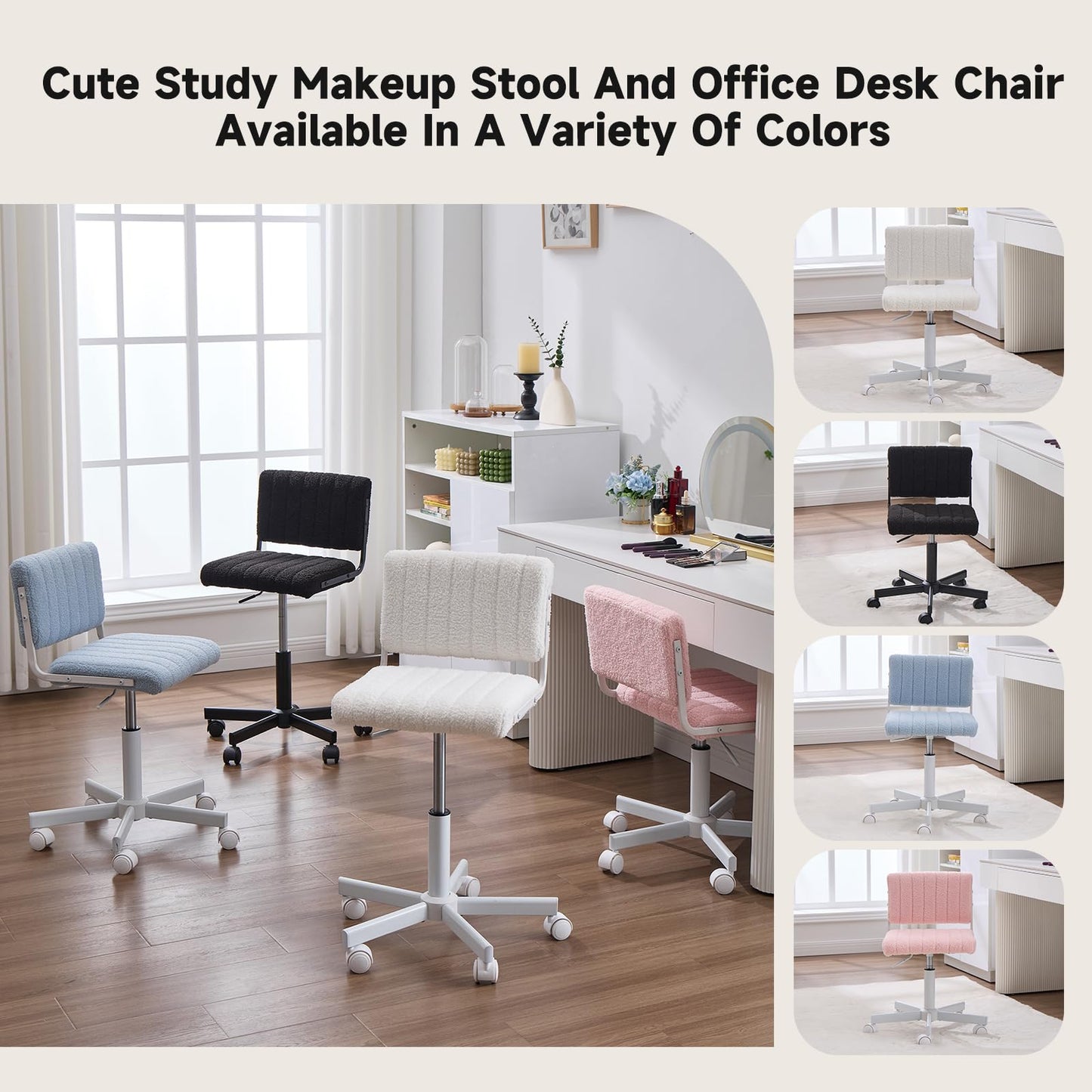 Manyday Office Chair Vanity Chair with Wheels, Comfy Small Desk Chair Vanity Chair with Back, Cute Teddy Armless Adjustable Swivel Chair for Bedroom Home Computer Task, White