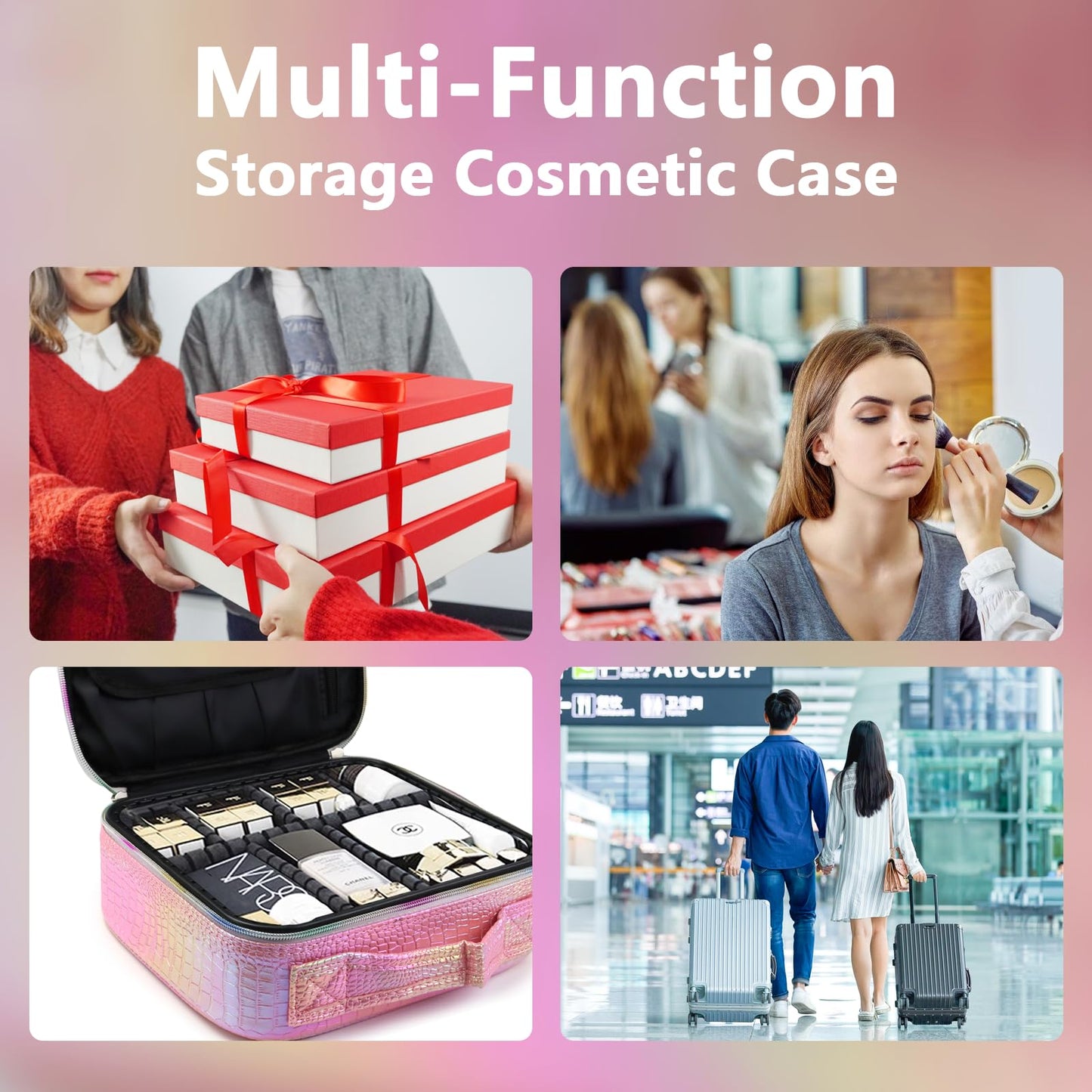MORMID Travel Makeup Case 3 Layers Portable Makeup Train Case Cosmetic Bag Organizer Storage for Women with Adjustable Dividers and Shoulder Strap for Toiletry Travel Accessories(pink)