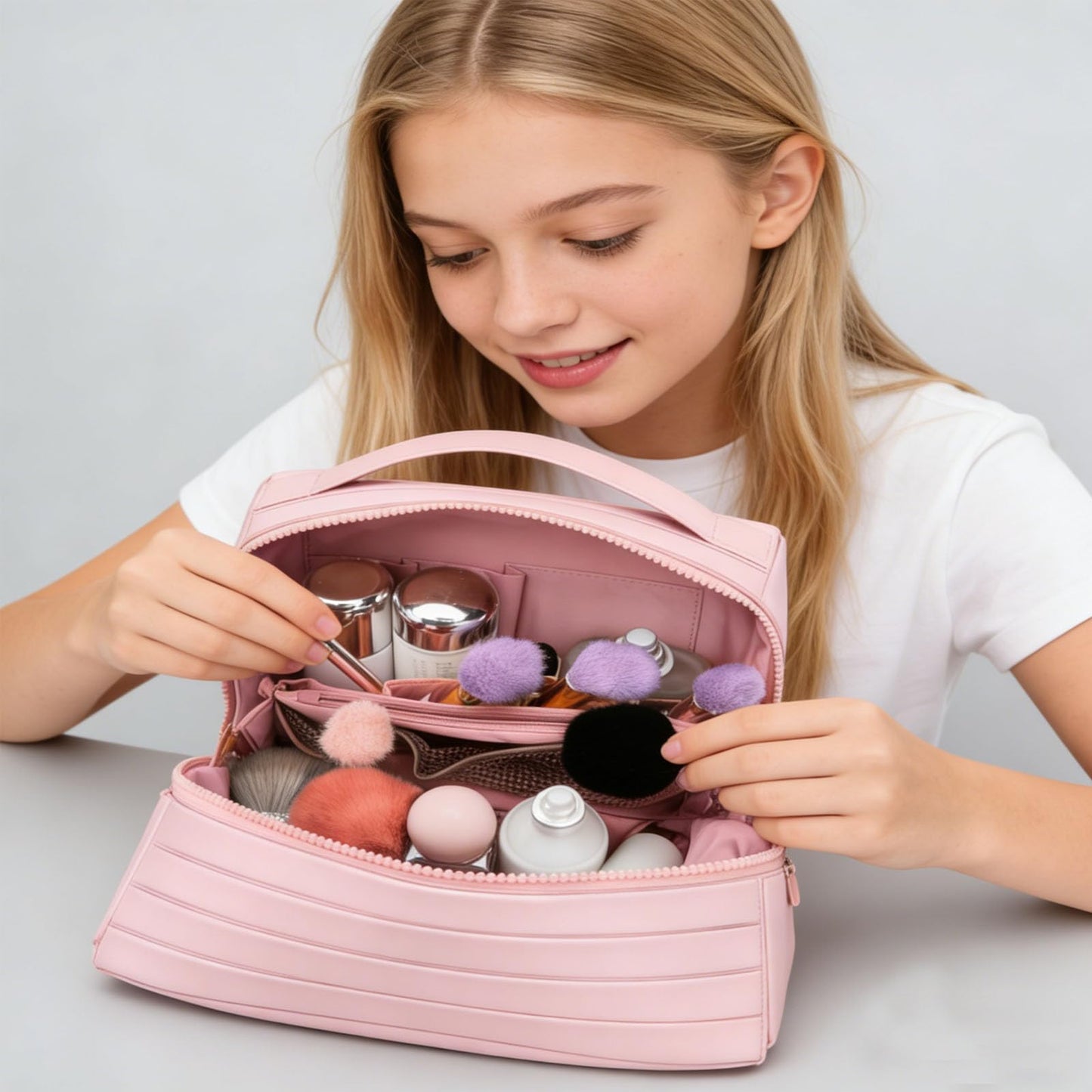 Slxypater Large Travel Makeup Bag,Foldable Makeup Bag Case,Waterproof Organizer Bags Large Capacity Flat Cosmetic Case with Compartments for Women Skincare, Pink Toiletries