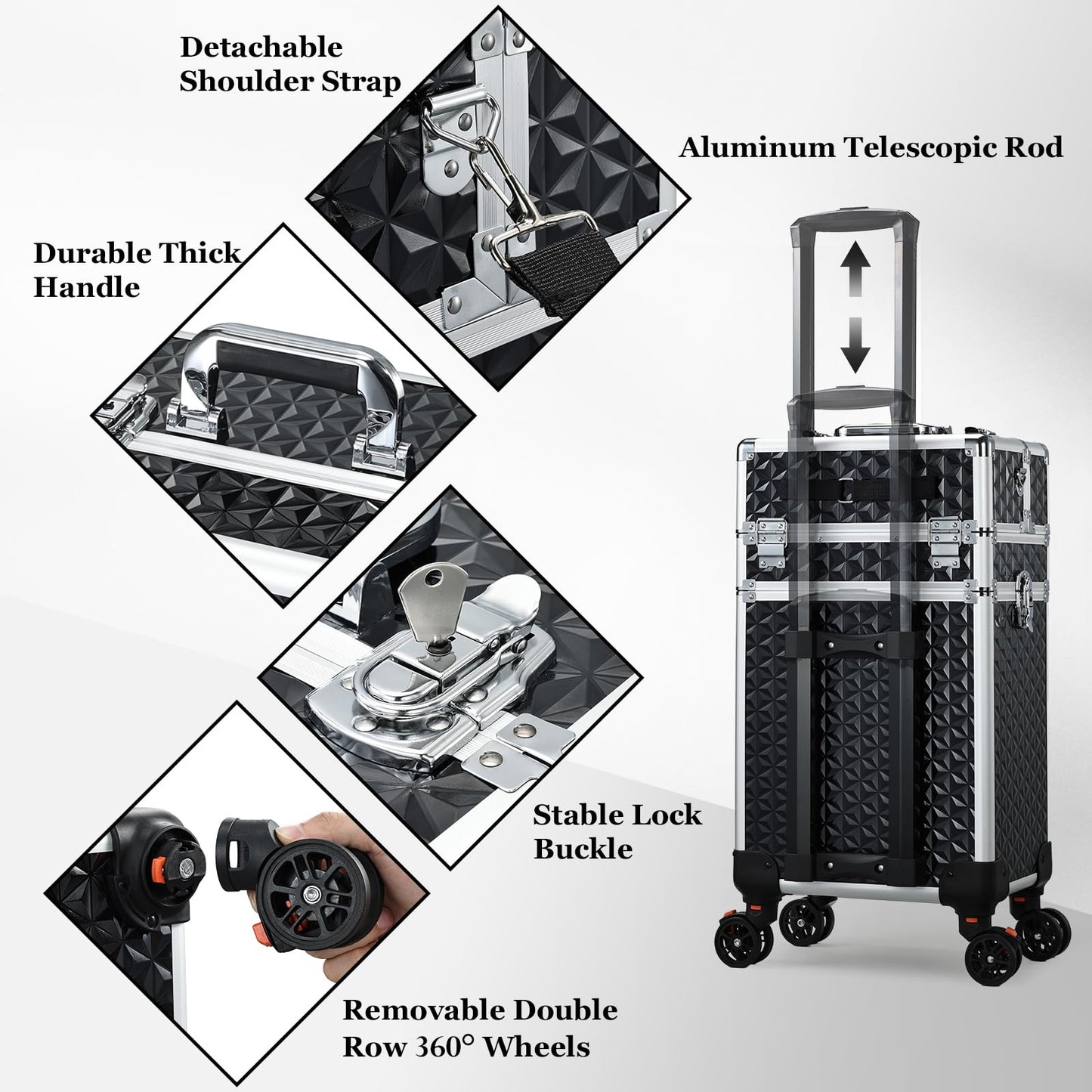 Joligrace Rolling Makeup Case with Drawers - Tattoo Storage Organizer Travel Cart for Nail Tech, Cosmetology, Barber Tools - Portable Suitcase on Wheels