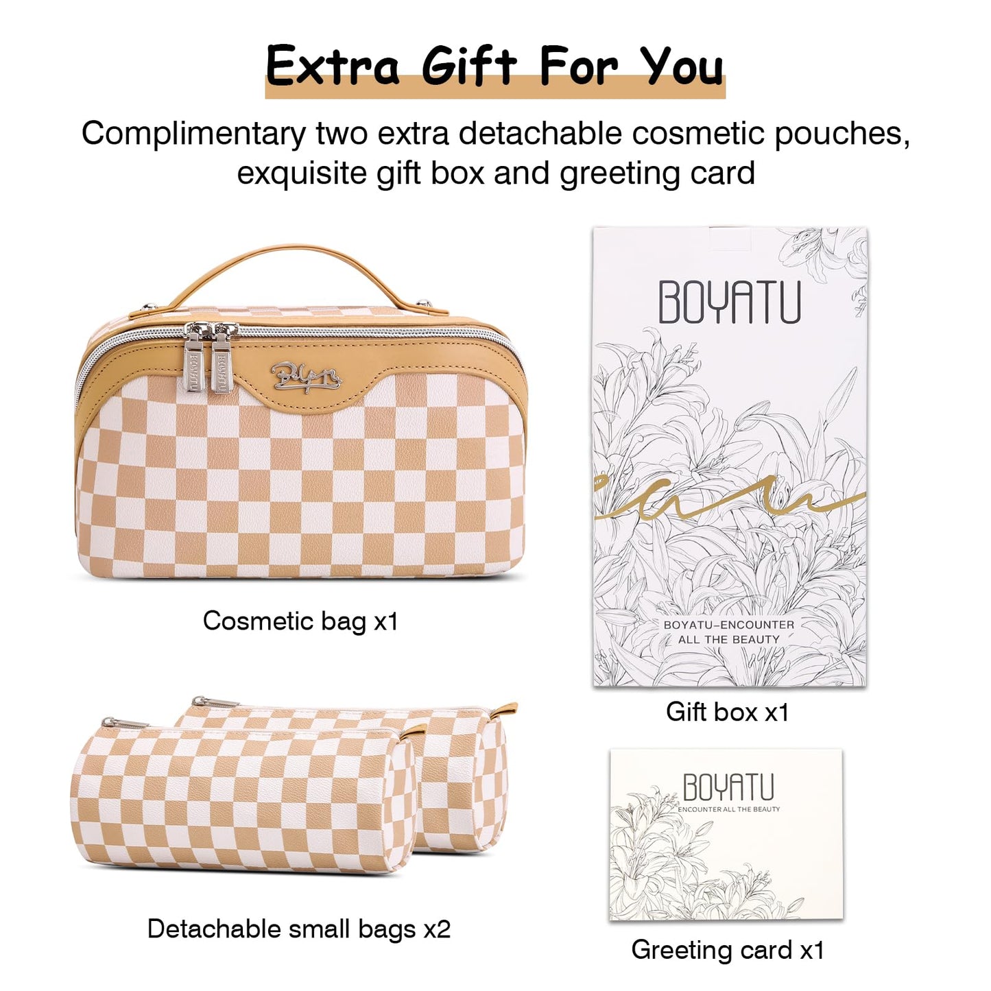 BOYATU Travel Makeup Bag Organizer Cosmetic Bag: 3 Pcs Set Make up Bags for Women with Handle - Waterproof Vegan Leather Toiletry Bag (01-G-Apricot)