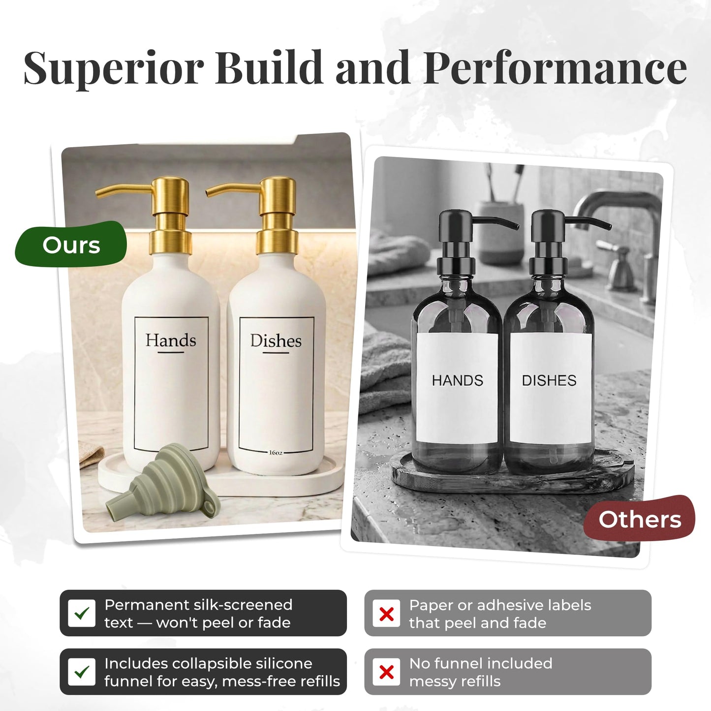 Glass Hand and Dish Soap Dispenser Set with Bamboo Tray – Kitchen Soap Dispenser Set, Gold Pumps, 16 oz, Silicone Funnel – Modern Farmhouse Kitchen Sink Decor & Accessories