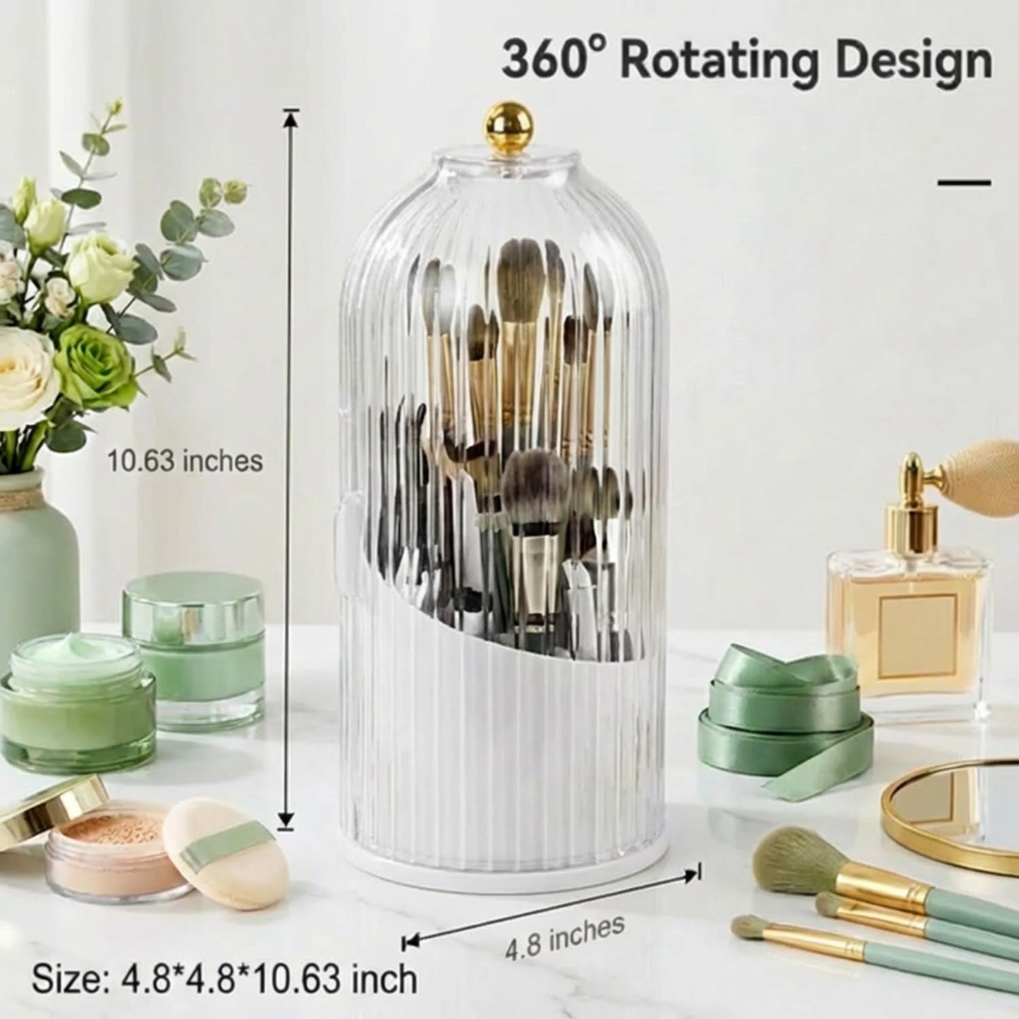 sagact Makeup Brush Holder with Lid 360° Rotating 3-Compartment Makeup Organizers for Vanity, Waterproof & Dustproof Cosmetic Storage Box for Dressing Table (Transparent White)
