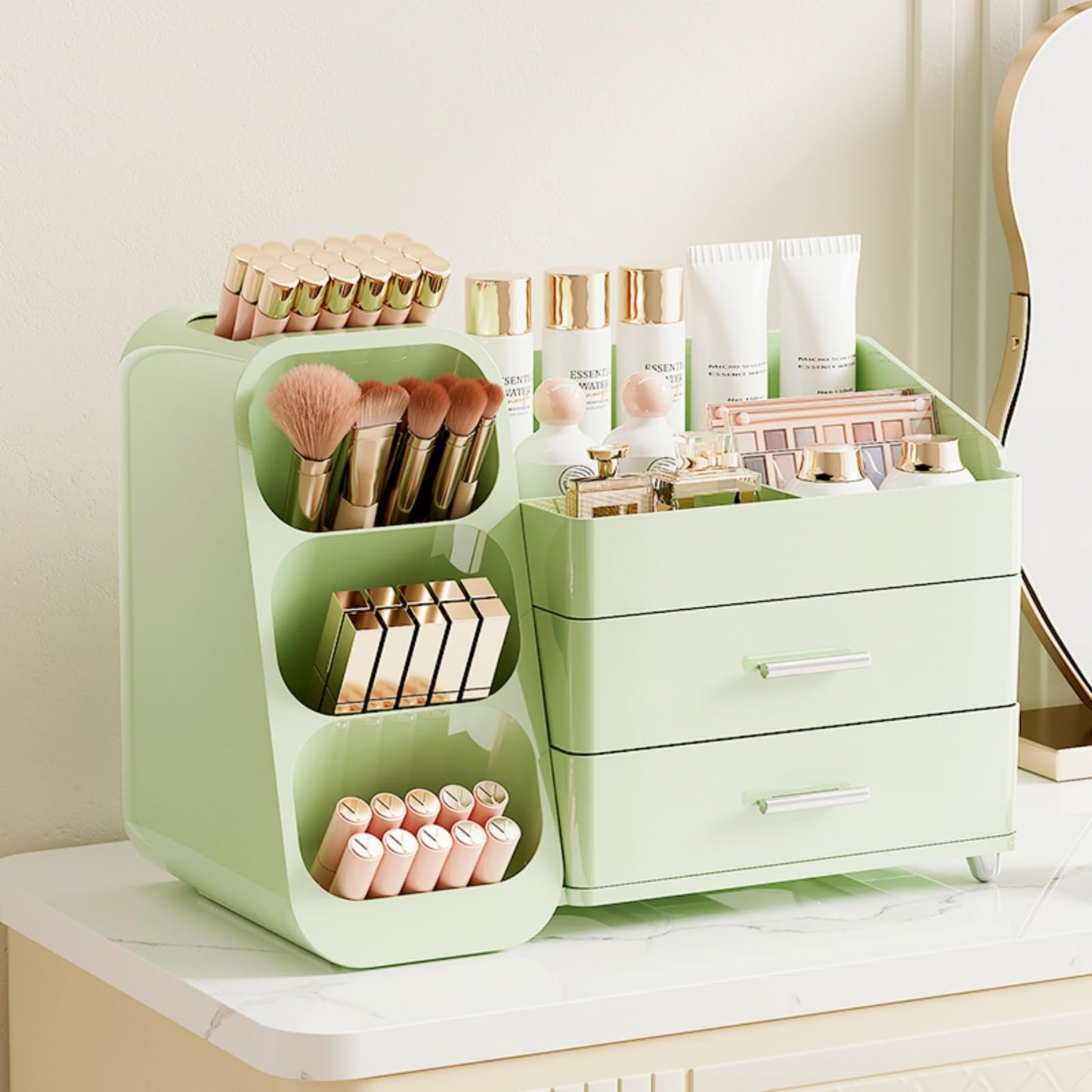 Booklov Makeup Organizer for Vanity, Large Capacity Cosmetic Display Case with Drawers, Countertop Beauty Storage Holder for Skincare, Brush Eyeliner Perfume Eyeshadow Lipsticks, Counter Desk, Green
