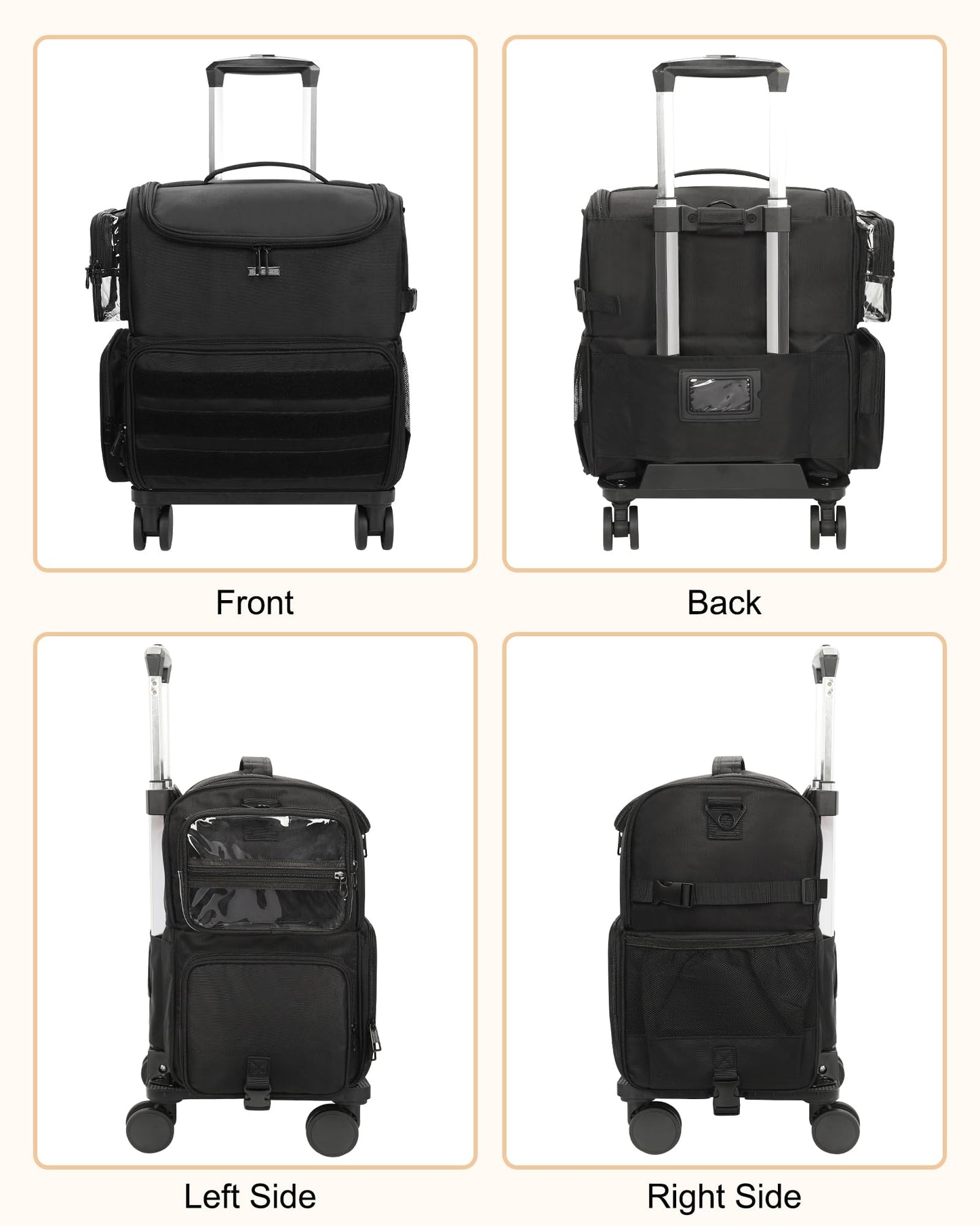 Relavel Rolling Makeup Train Case, Cosmetology Case on Wheels with 4 Clear Bags, Professional Makeup Artist Set Bags Cosmetic Storage Organizer with Adjustable Dividers, 360° Spinner Wheels, Black