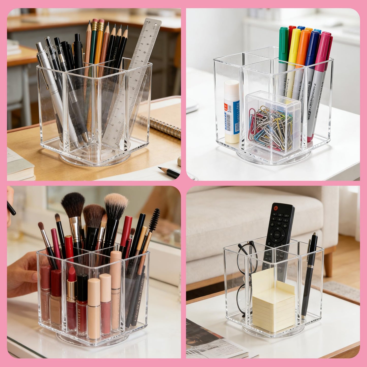 HALAGAS Acrylic Makeup Brush Holder, Clear Rotating Makeup Brush Holder Organizer with 4 Slots, Square Makeup Brush Cup for Vanity Desk Countertop Bathroom