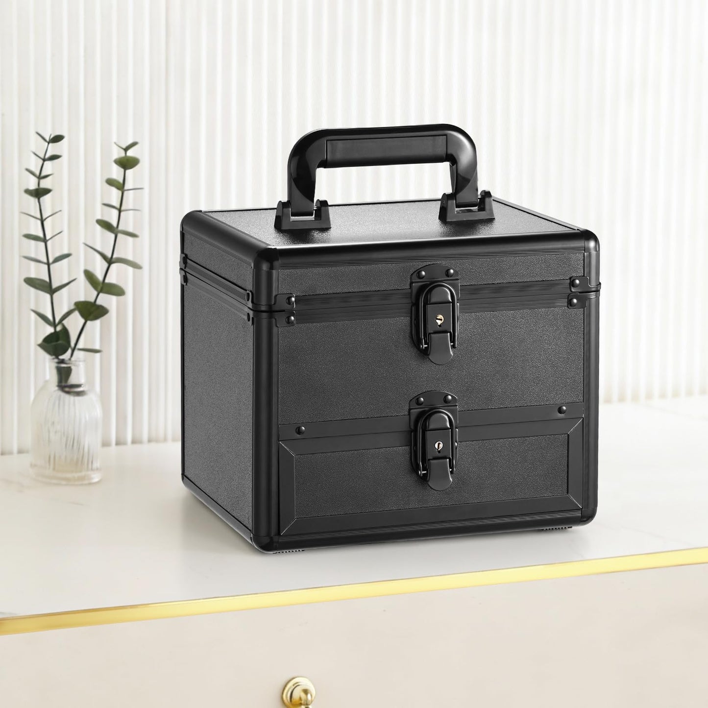Leeora&Leekoo Makeup box with Drawer and lighted mirror travel train Case, cosmetic organizer with Adjustable Dividers and Magnetic led mirror (Black)