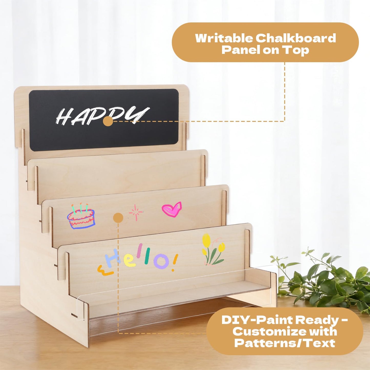 Wooden Greeting Card Display Stand - 4-Tier DIY Customizable Chalkboard Top Sticker Organizer Rack, Tool-Free Assembly Countertop Holder for Party Decor, Holiday Cards, Small Gifts & Home Decor