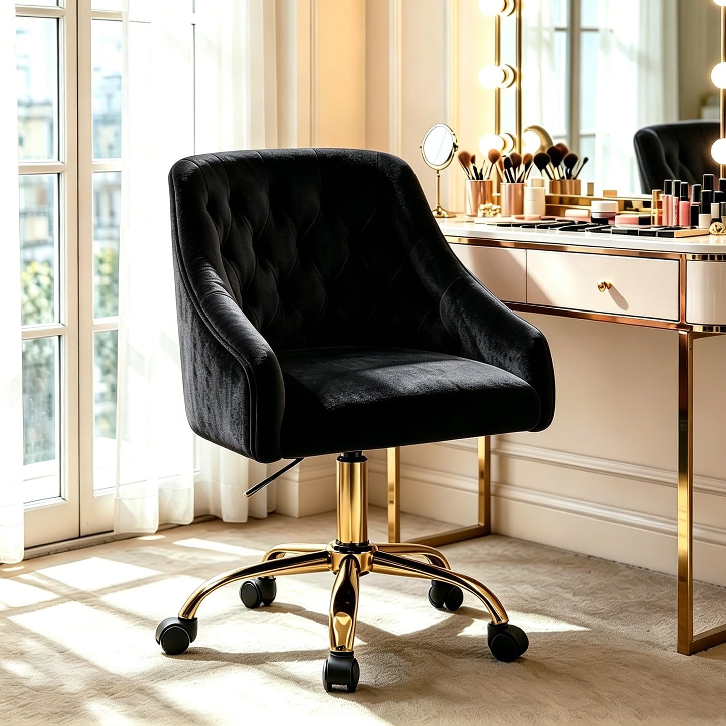 MOJAY Velvet Office Swivel Chair, Vanity Fabric Desk Pretty Fancy Gold Office Chairs for Girls, 360°Swivel Height Adjustable Reception Chair (Black)