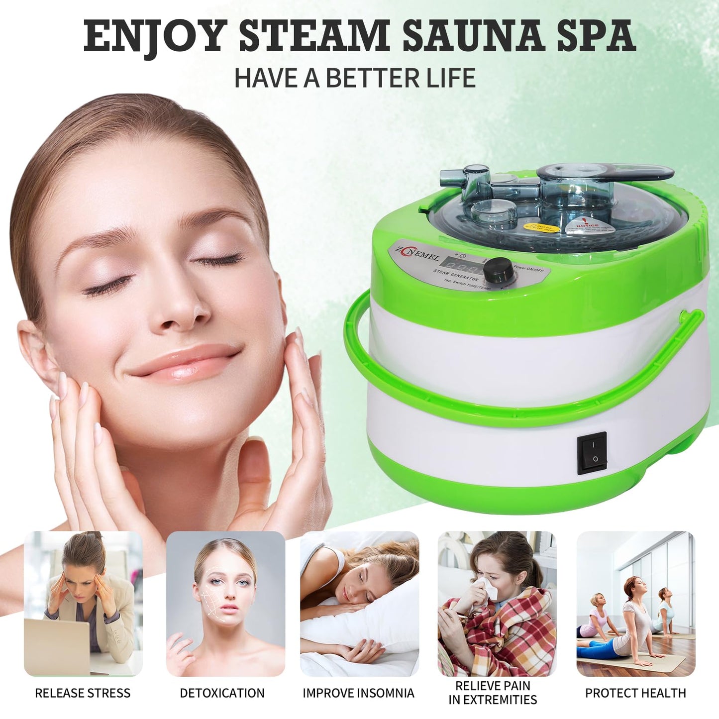 ZONEMEL 4 Liters Sauna Steamer, Portable Steam Generator with Remote Control, Stainless Steel Pot, Spa Machine with Timer Display for Body Detox (US Plug, Green)