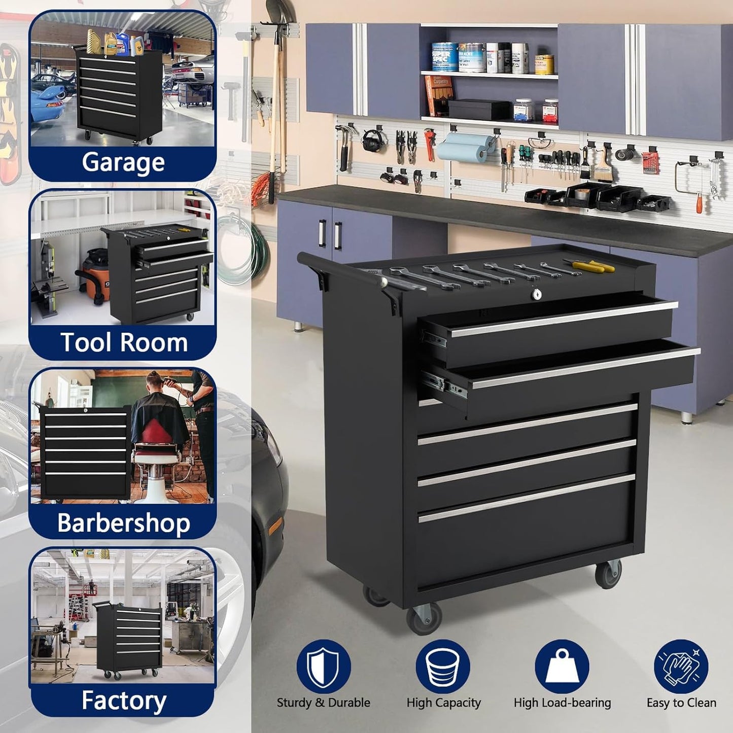 GarveeHome 6-Drawer Tool Chest, Rolling Tool Box with Wheels and Lock System, Portable Storage Rolling Tool Chest for Warehouse, Workshop & Repair Shop, Black