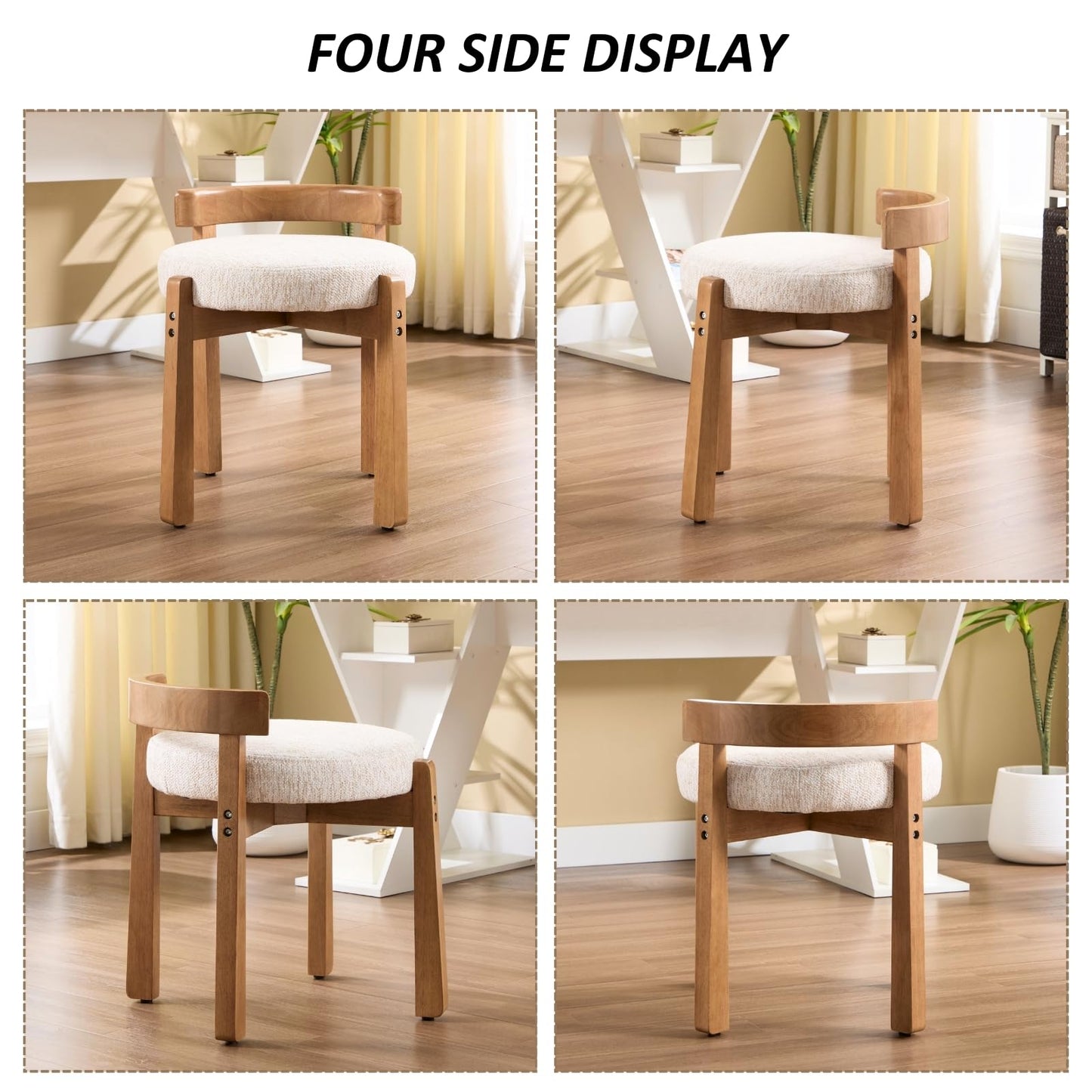 HEAH-YO Wood Vanity Chair with Back, Chenille Upholstered Small Ottoman Footstool, Mid-Century Modern Makeup Chair with Solid Wood Legs for Makeup Room Bedroom Living Room, Beige