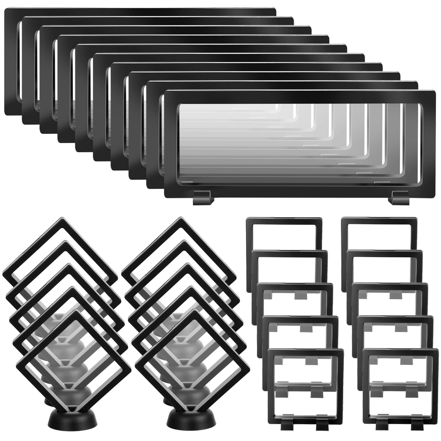 kenaeooe 30 Pcs Plastic 3D Floating Display Case, Transparent PE Frame Holder Stand With Base for Challenge Coins, Jewelry, Medallions and Specimens, Black