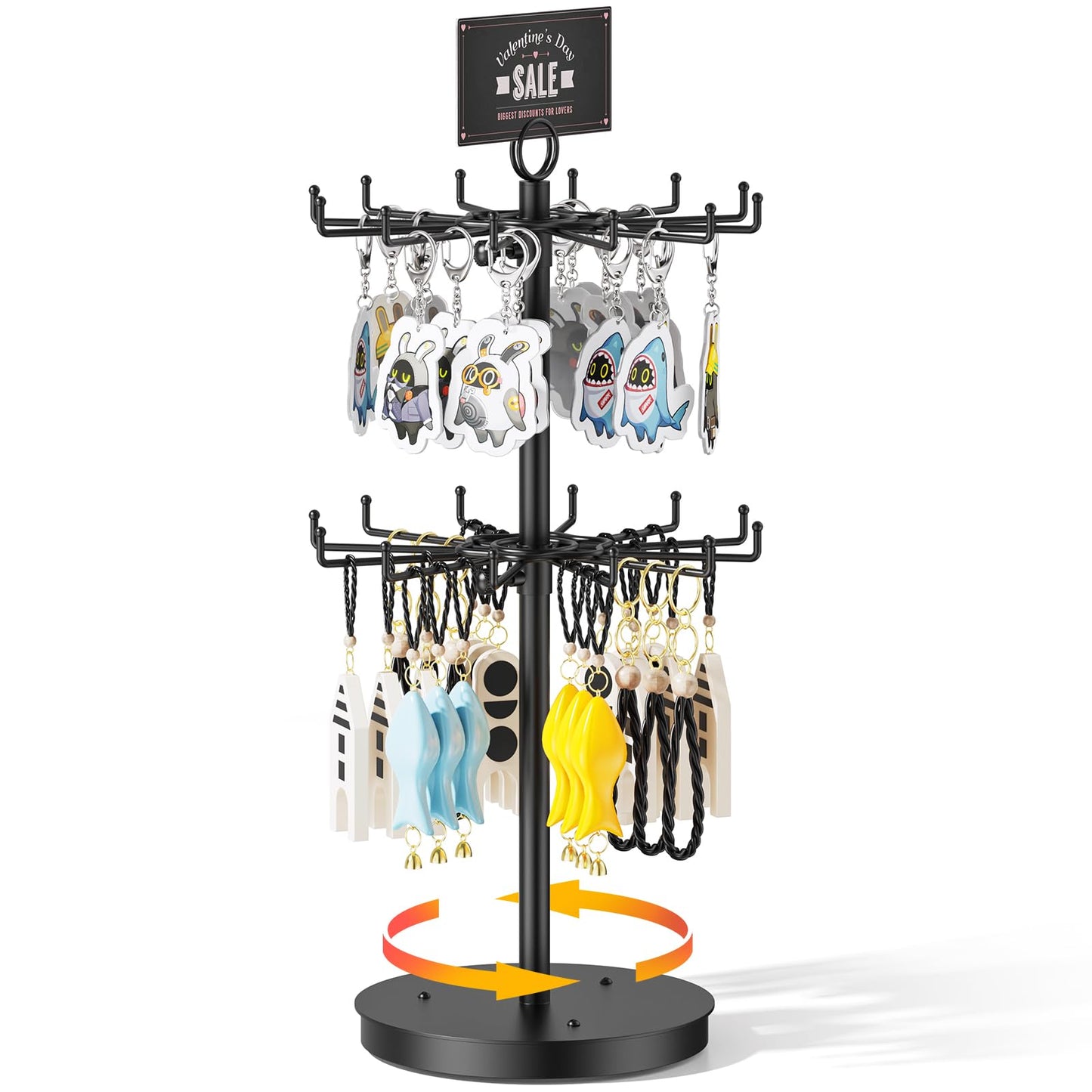 ORLESS 2 Tier Rotating Jewelry Display Stand, Keychain Display Stand with 24 Hooks, Black Metal Retail Display Spinning Holder for Vendor, Spinning Display Rack for Necklace Bracelet Earring Organizer
