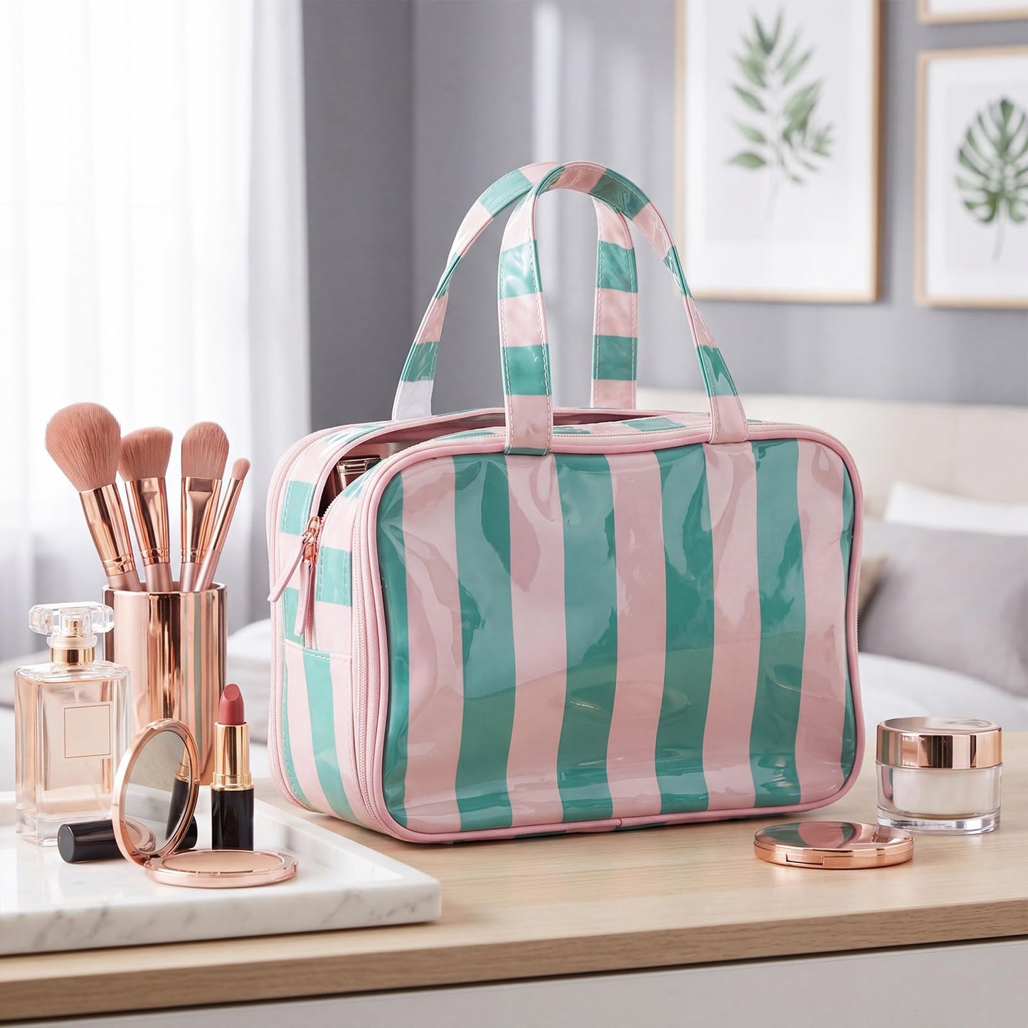 SilTriangle Travel Toiletry Makeup Bag for Women, Striped Waterproof Polyester Cosmetic Bag with Handle, Portable Organizer Case with Fold-out Compartments for Skincare, Conditioner, Brushes(Green)