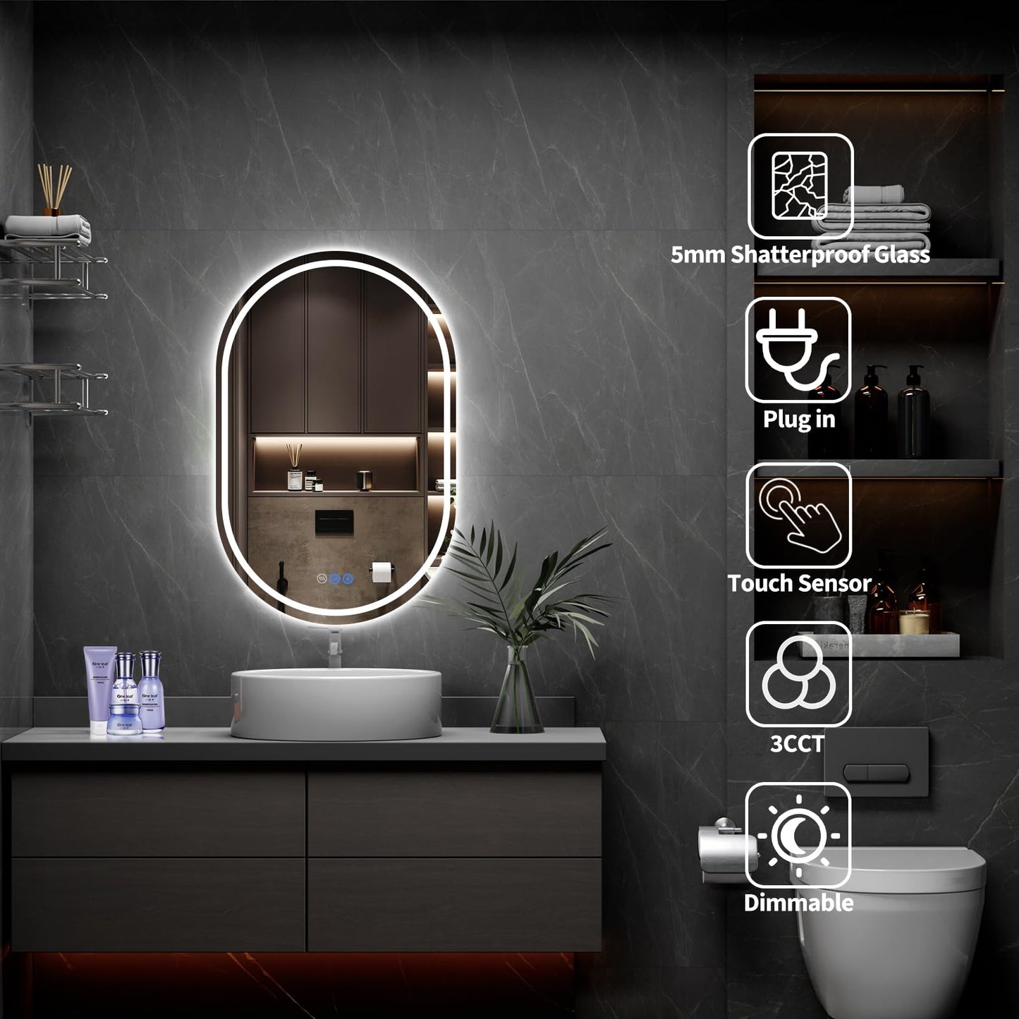 WISSMIELS Oval LED Bathroom Mirror, 24"x 36" Frameless LED Mirror with Front Light and Backlit, Anti-Fog, Dimmable Modern Wall Mounted Lighted Mirror, Pill-Shaped Smart Mirror Bathroom