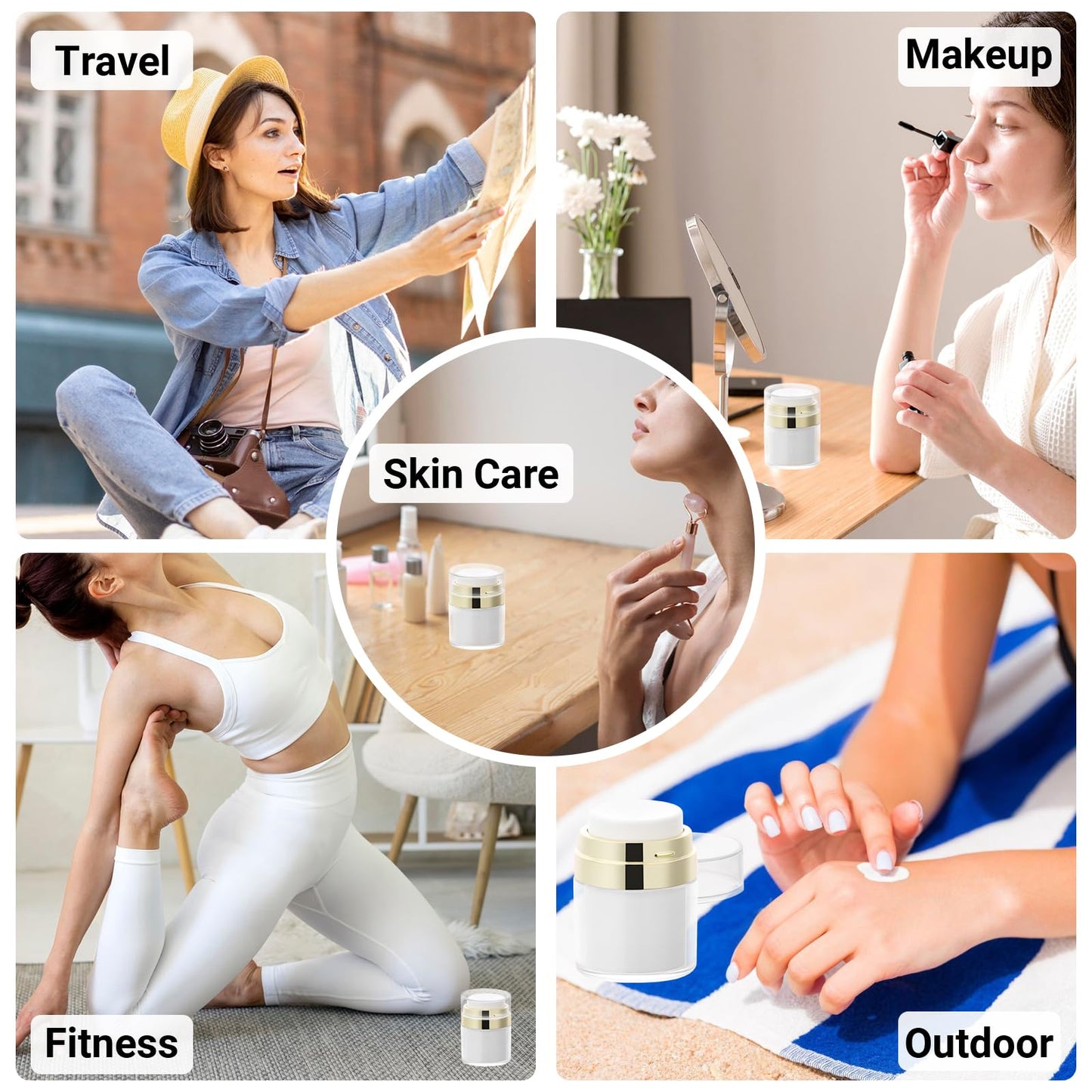 Segbeauty 1oz Travel Jars for Creams, 4pcs 30ml Airless Pump Jars Refillable Travel Bottles Empty Makeup Containers Lotion Dispenser, Gold Jar for Creams for Toiletries Moisturizer Container