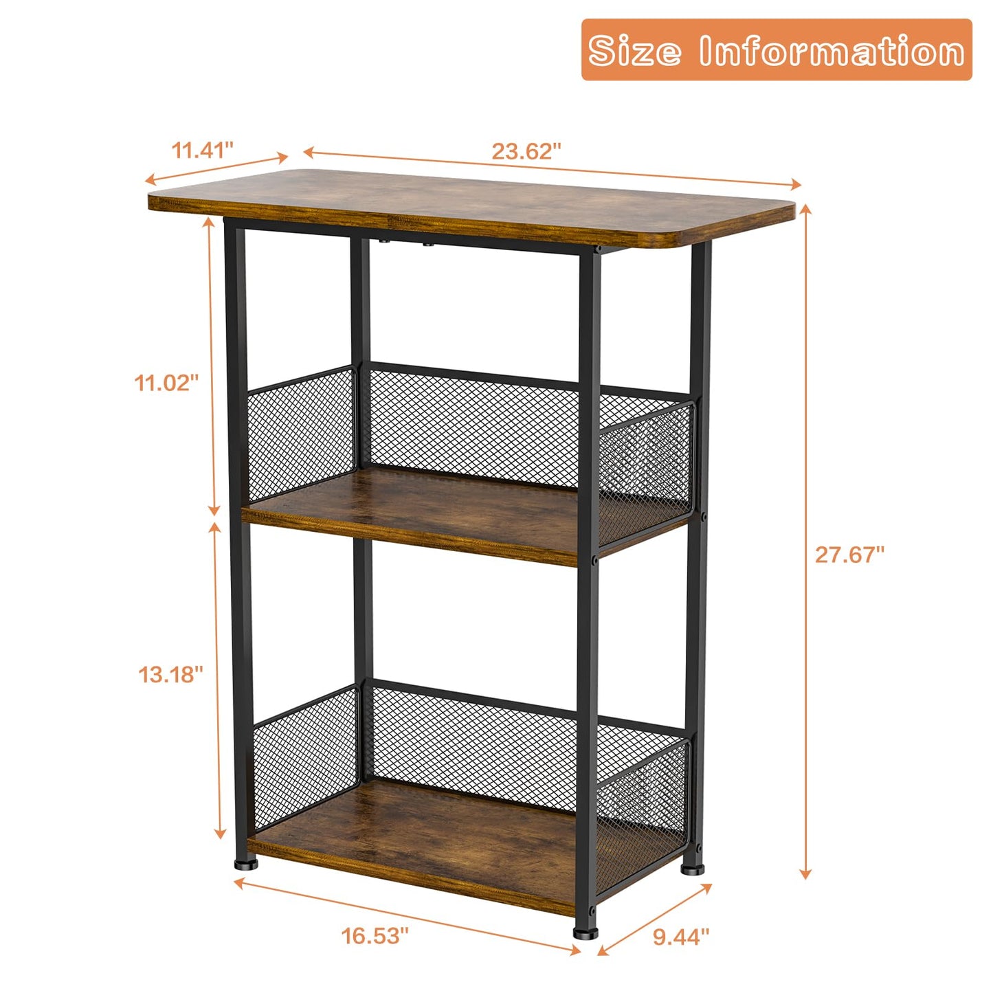 Eyteenokk Freestanding Wine Rack,3-Tier Small Mini Bar Table Liquor Cabinet with T-Shaped Countertop,Rustic Wood Metal Floor Wine Bottle Storage Stand for Home Bar Corner-23.62 x 9.44 x 27.67inches