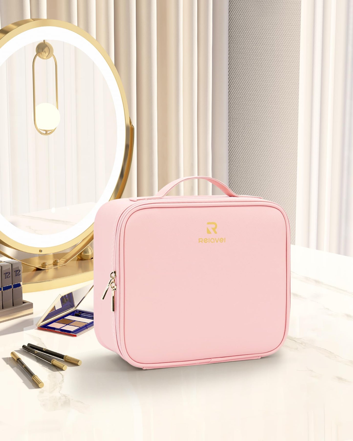 Relavel Travel Makeup Train Case Cosmetic Case Organizer Portable Artist Storage Bag with Adjustable Dividers for Cosmetics Makeup Brushes Toiletry Jewelry Digital Accessories (Pink)