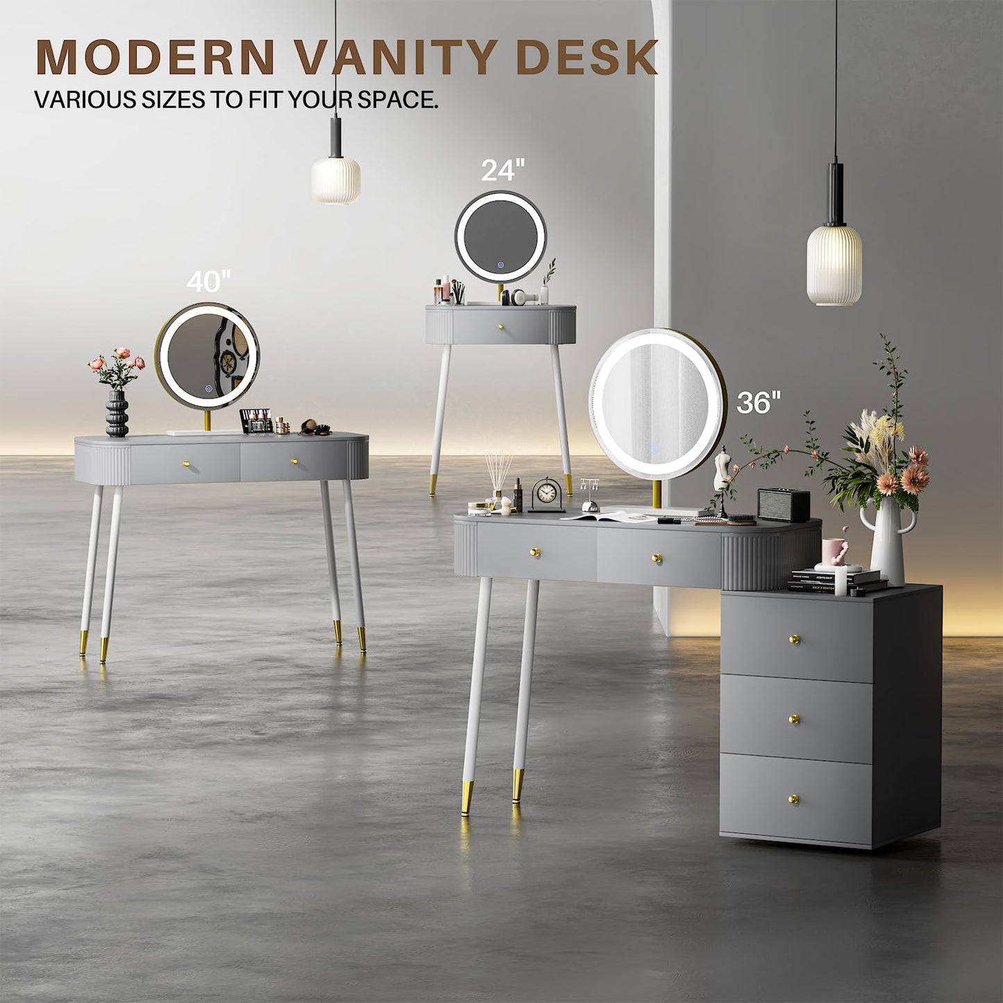 WinZo 36" Vanity Desk with Mirror and 3 Light Modes, Dressing Table Set with 5 Sliding Drawers, Makeup Desk with Charging Station, Modern Vanity for Small Spaces & Bedroom, Gray