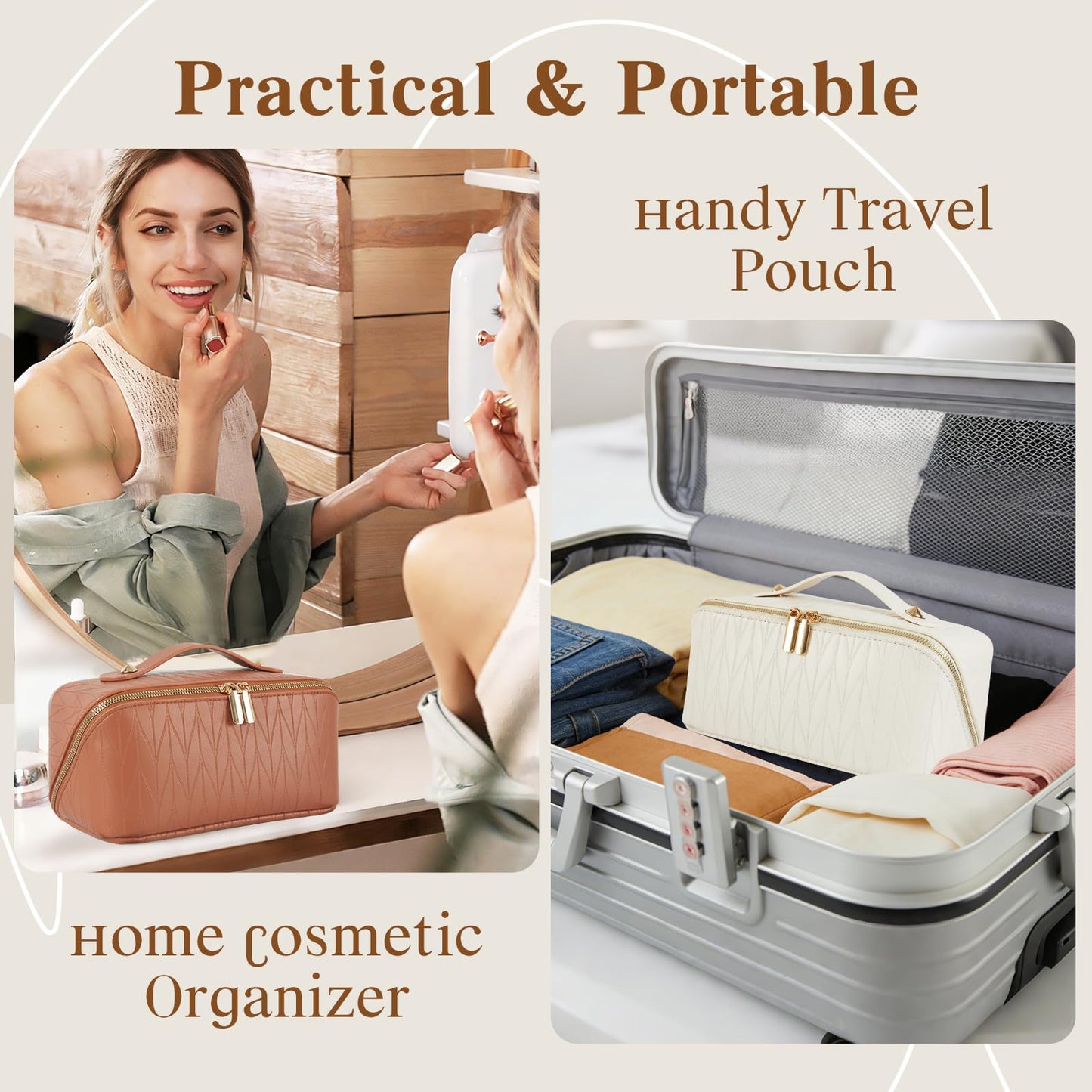 IDELCHOIS Travel Makeup Bag Large Capacity Cosmetic Bags for Women, Waterproof Toiletry Bag Open Flat Makeup Bag with Compartments and Handle, Portable Cosmetic Organizer Pouch, Wheat-White