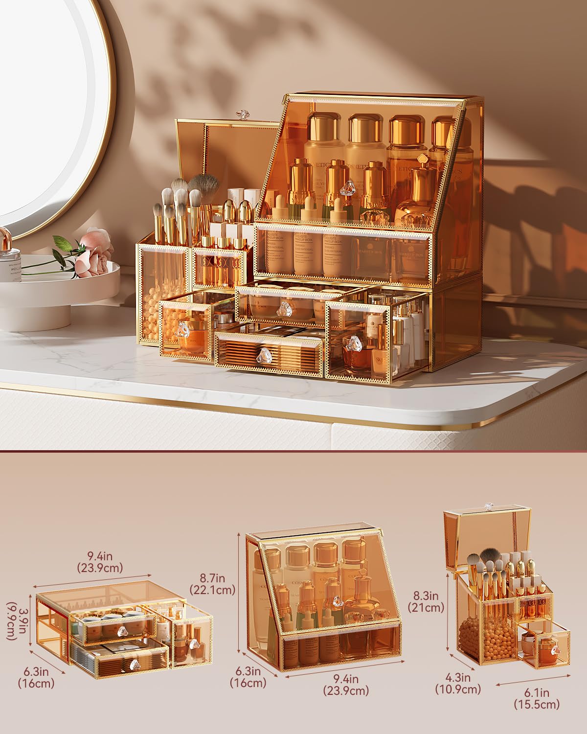 CoralHouse Amber Glass Makeup Organizer with Lid, 3-Piece Vanity Organizer with Gold Frame, Cosmetic Display Case for Skincare, Perfume, Lipsticks, Brushes, Bathroom Countertop & Dresser